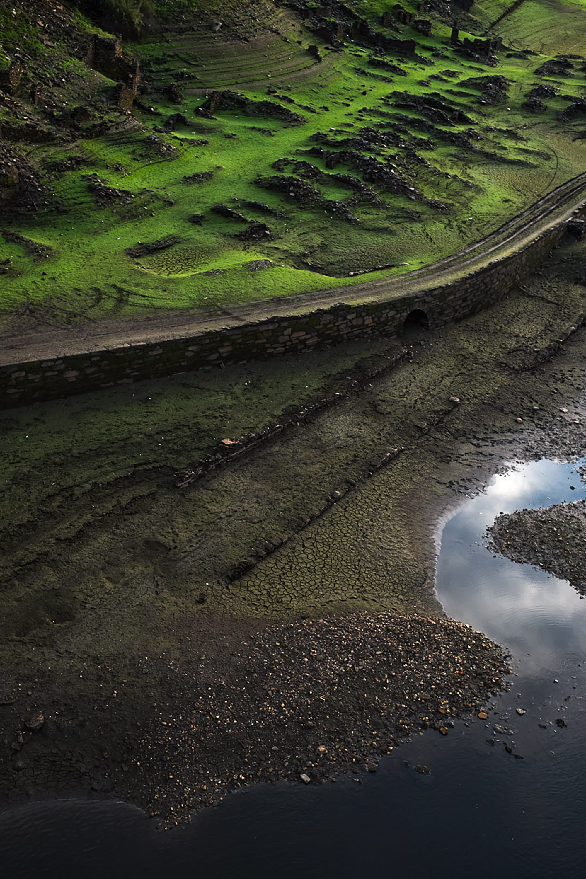 spain, palas de rey, grass, river, water, sand, bridge, texture