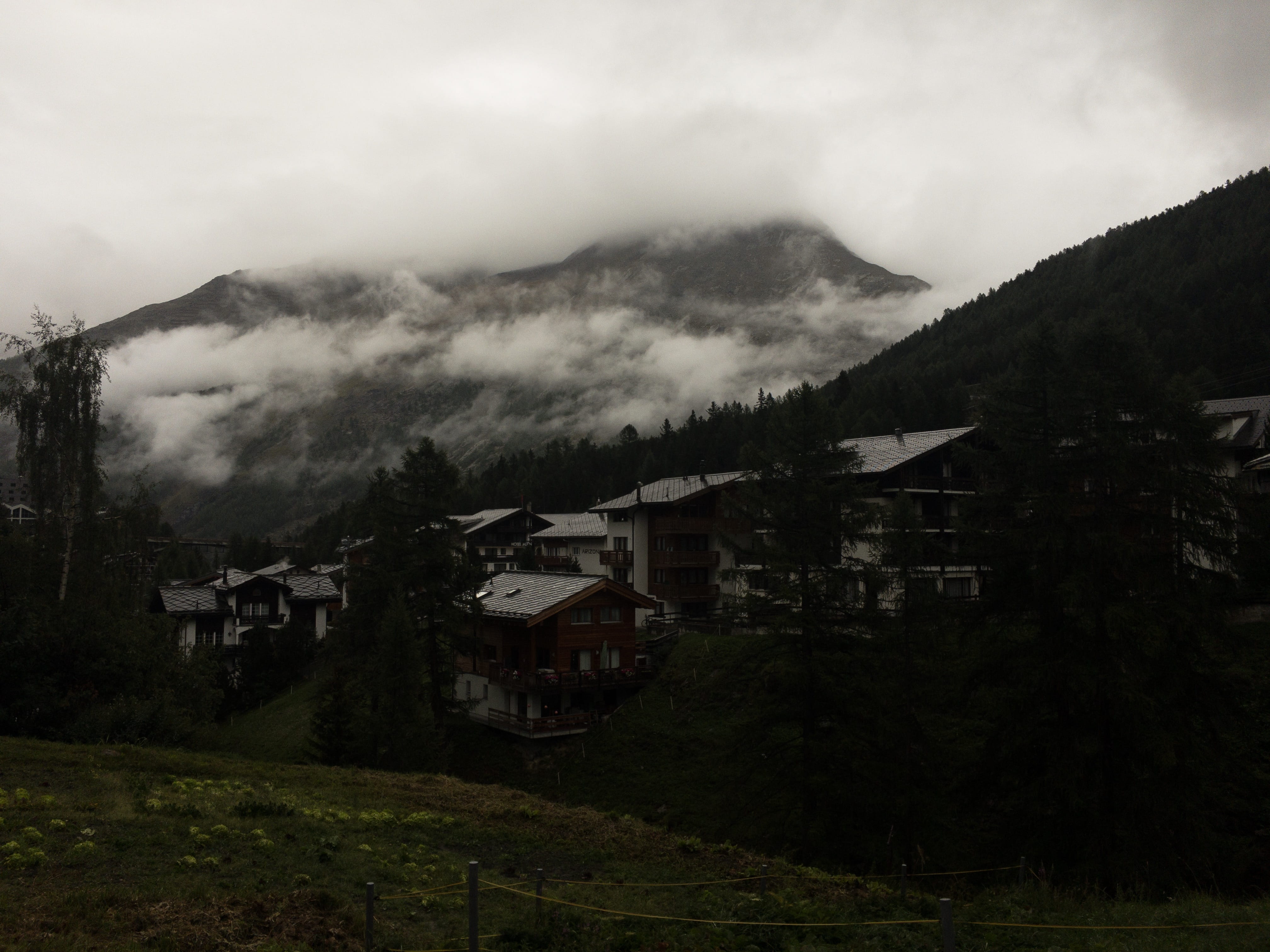 saas fee, switzerland, rain, house, forest, mountains, tree