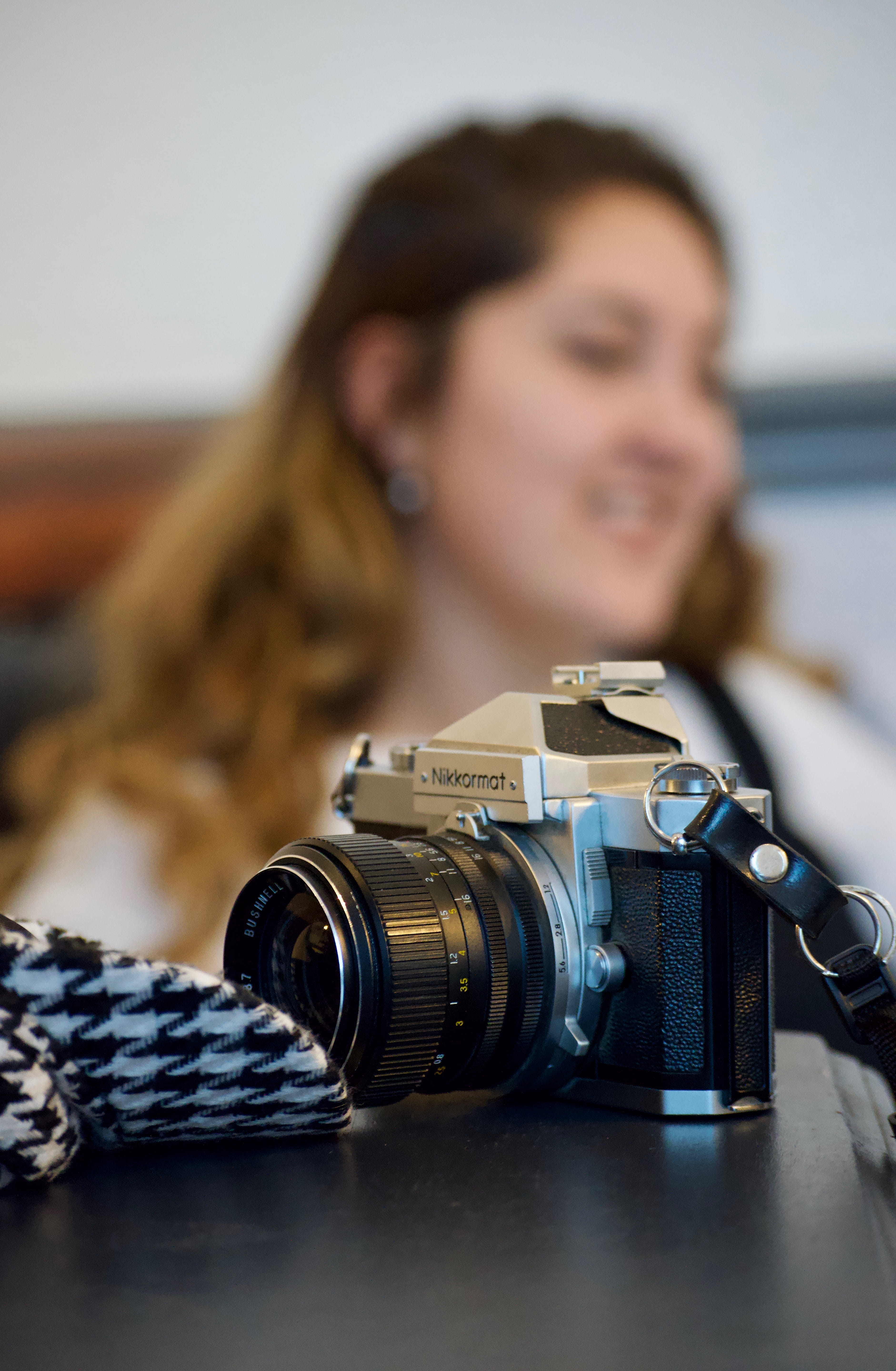 camera, electronics, human, person, strap, digital camera, smile