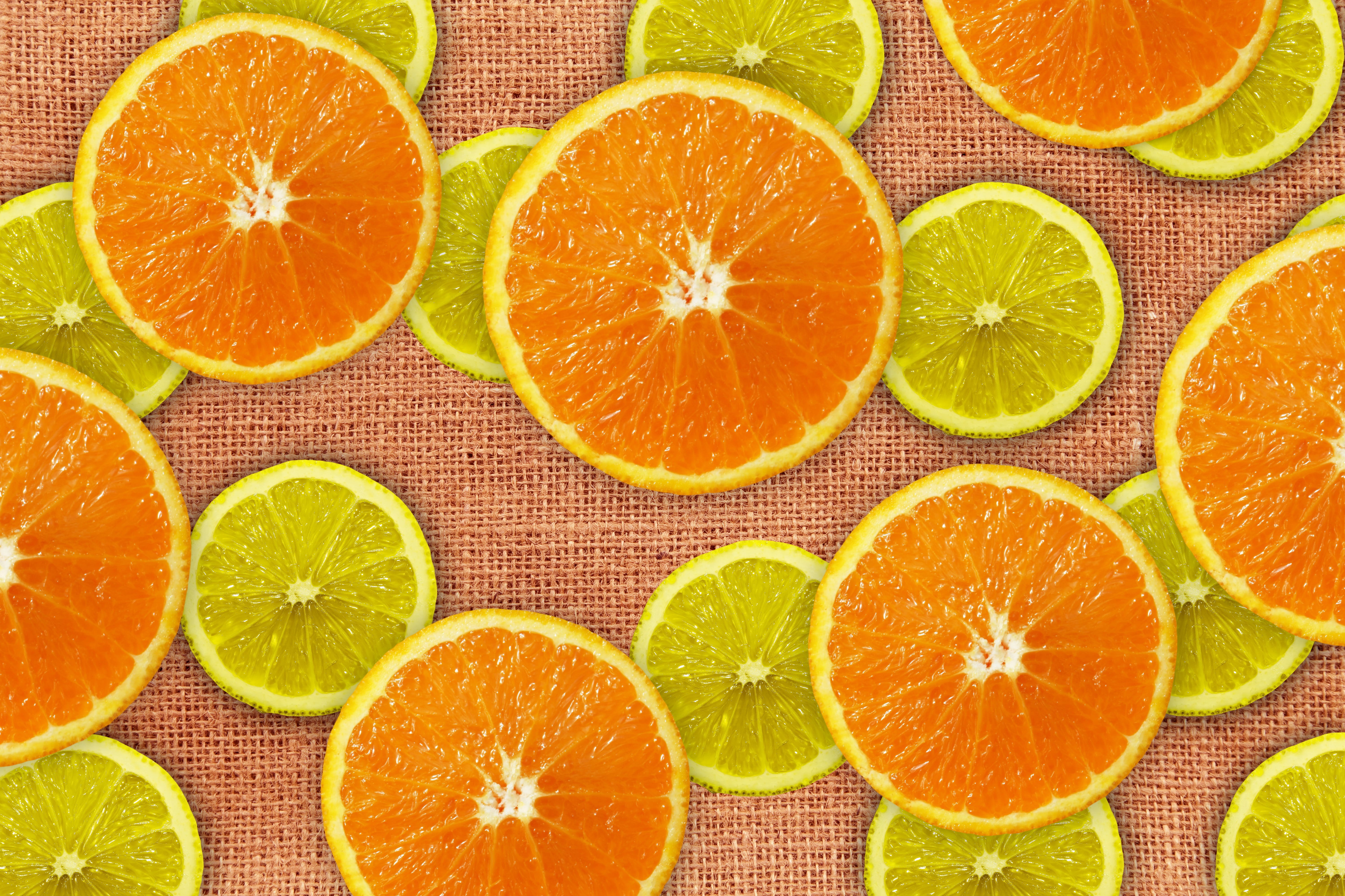 oranges, lemons, discs, fruit, burlap, texture, pattern, background