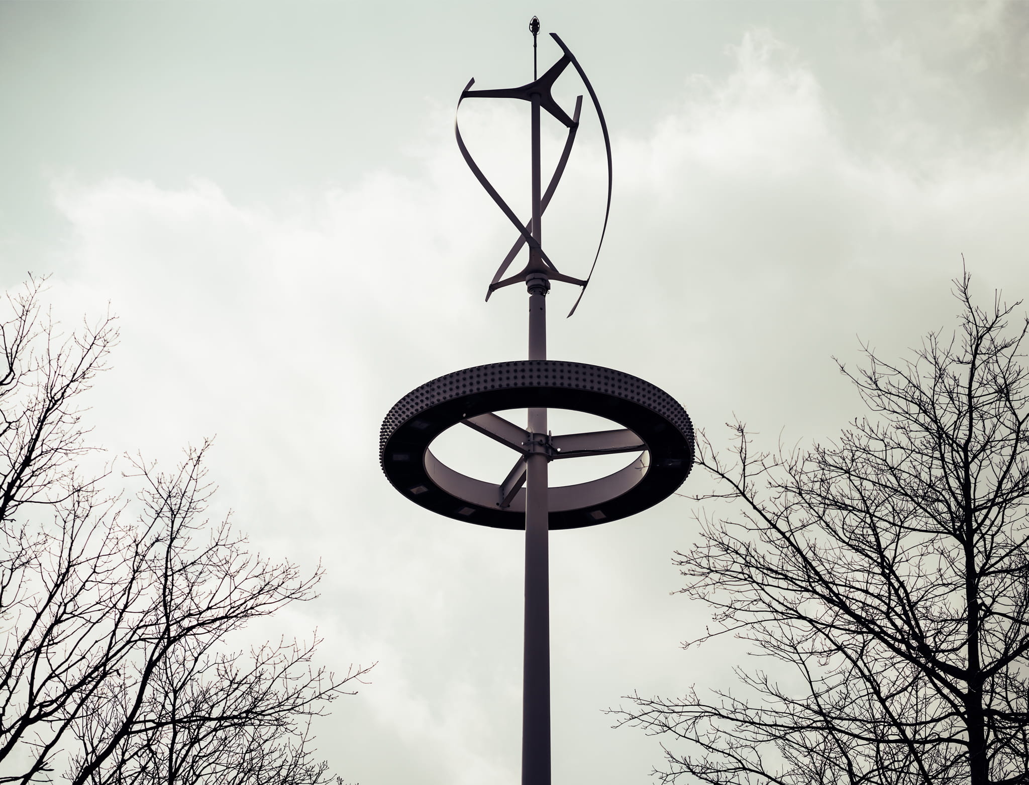 steel structure, sky, low angle view, bare tree, cloud - sky