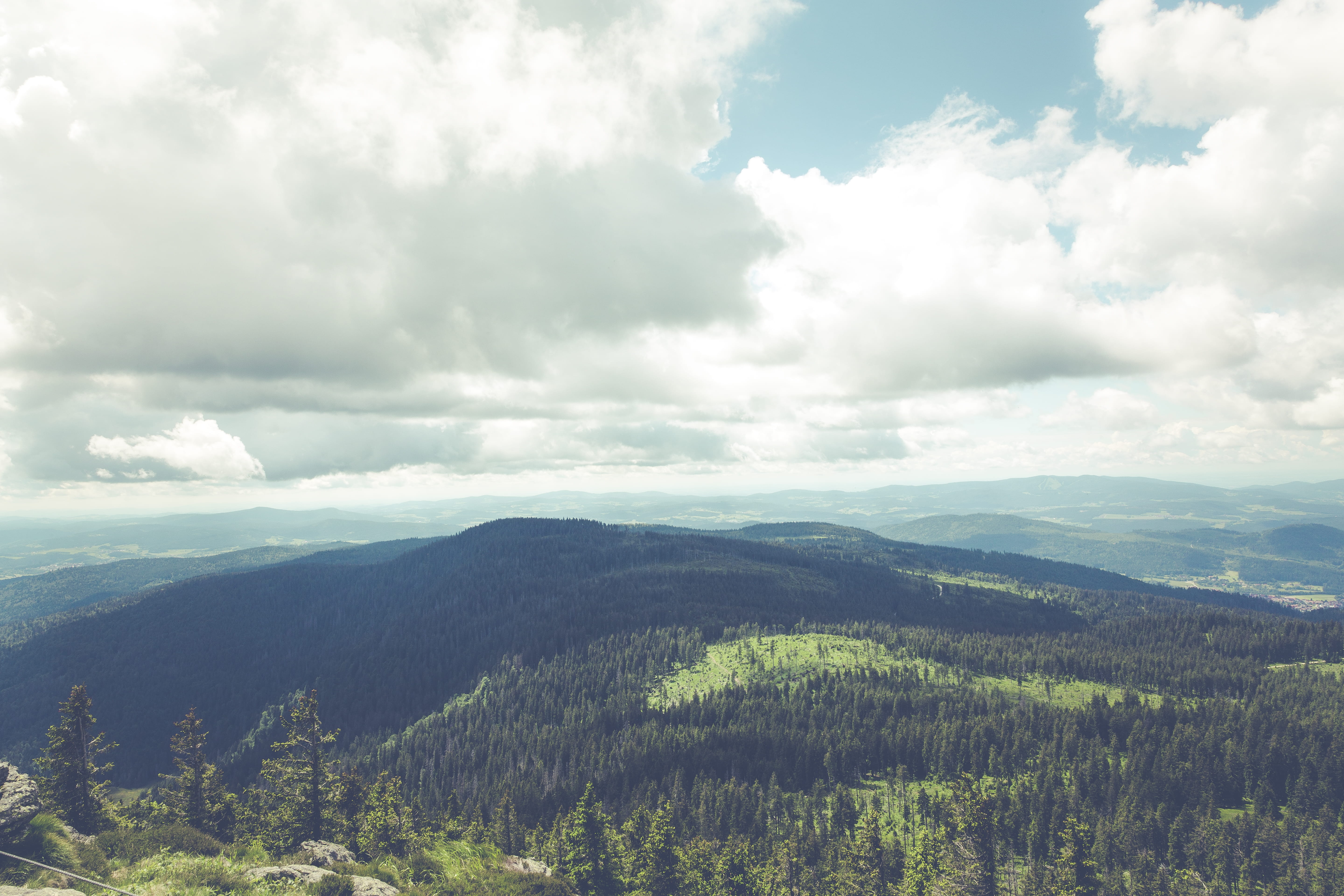 Green Hills Below White Cloudy Sky, clouds, forest, landscape