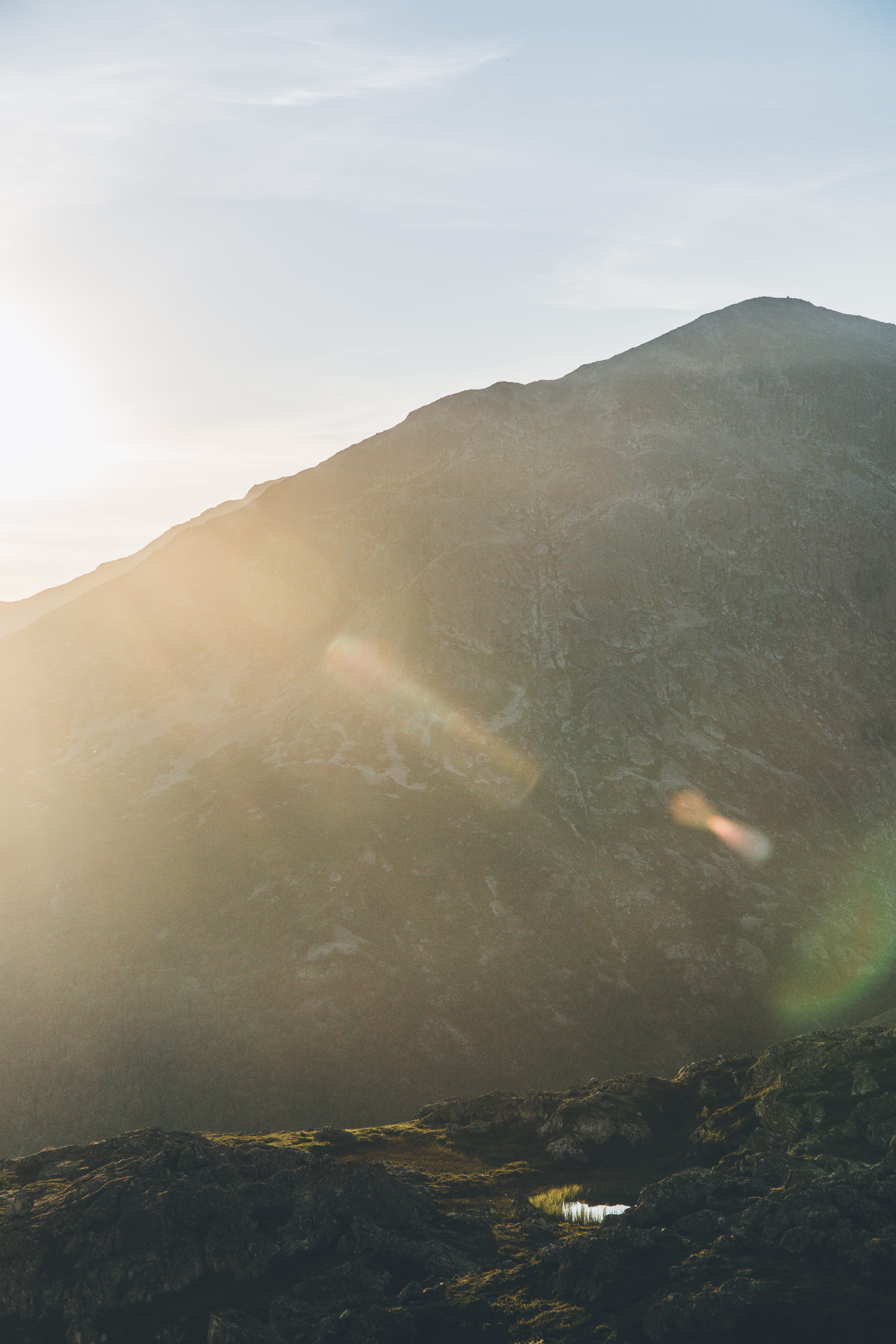 light, flare, sunlight, nature, outdoors, sky, mountain, sunset
