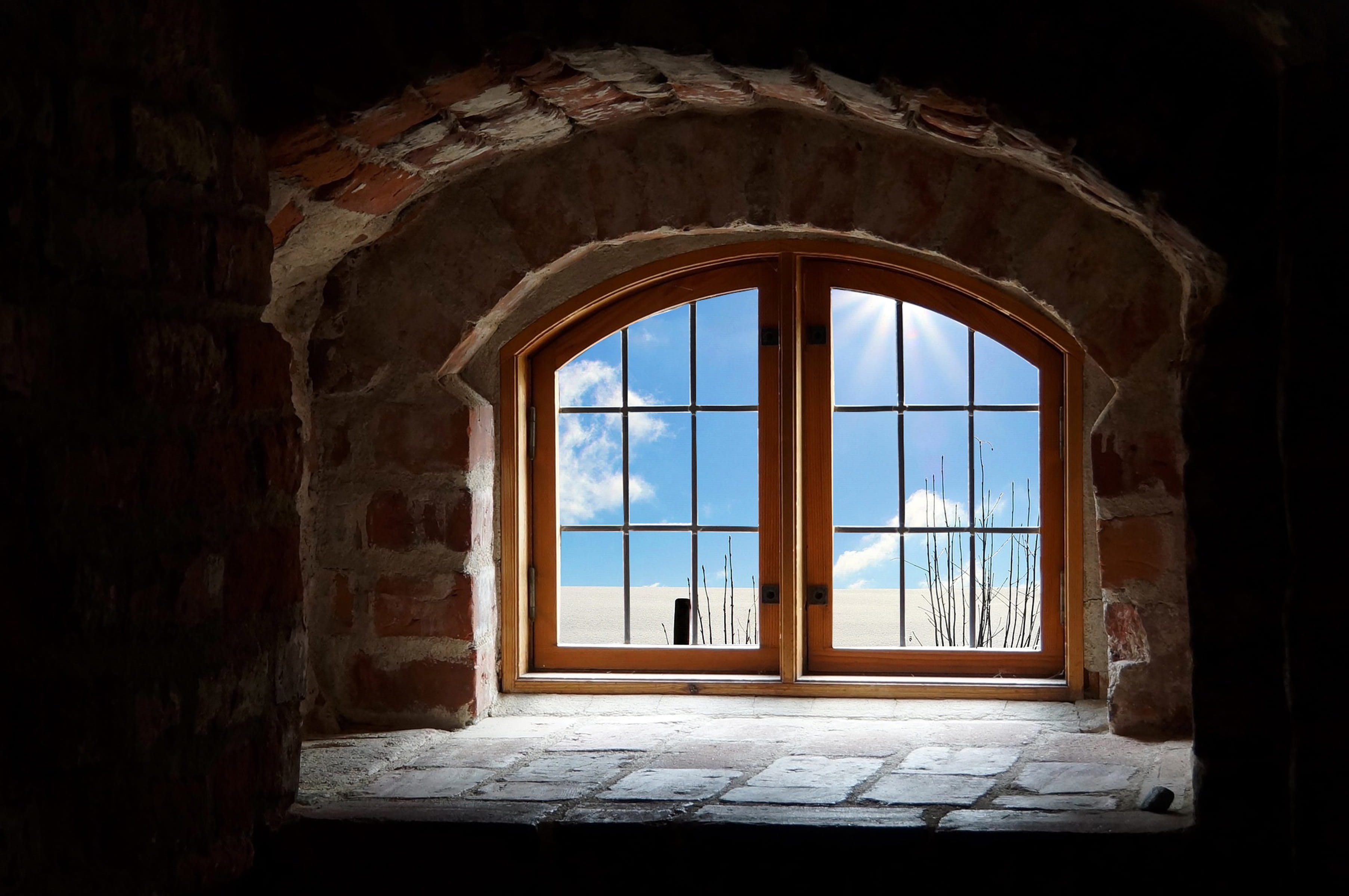 sun, sunshine, rays, attic, snow, window, winter, recess, clouds