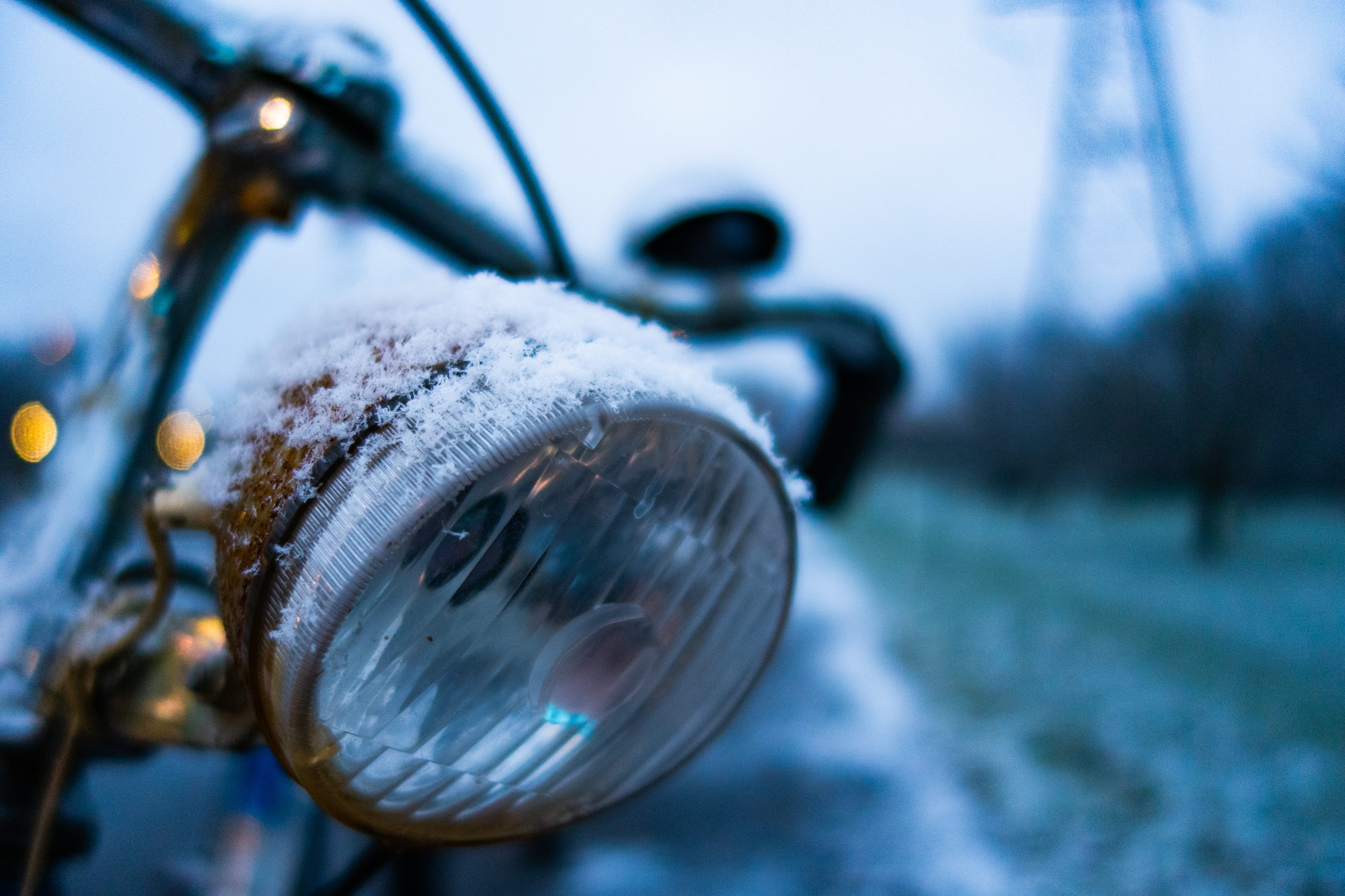 blue, bicycle, light, winter, snow, snowflake, cold temperature