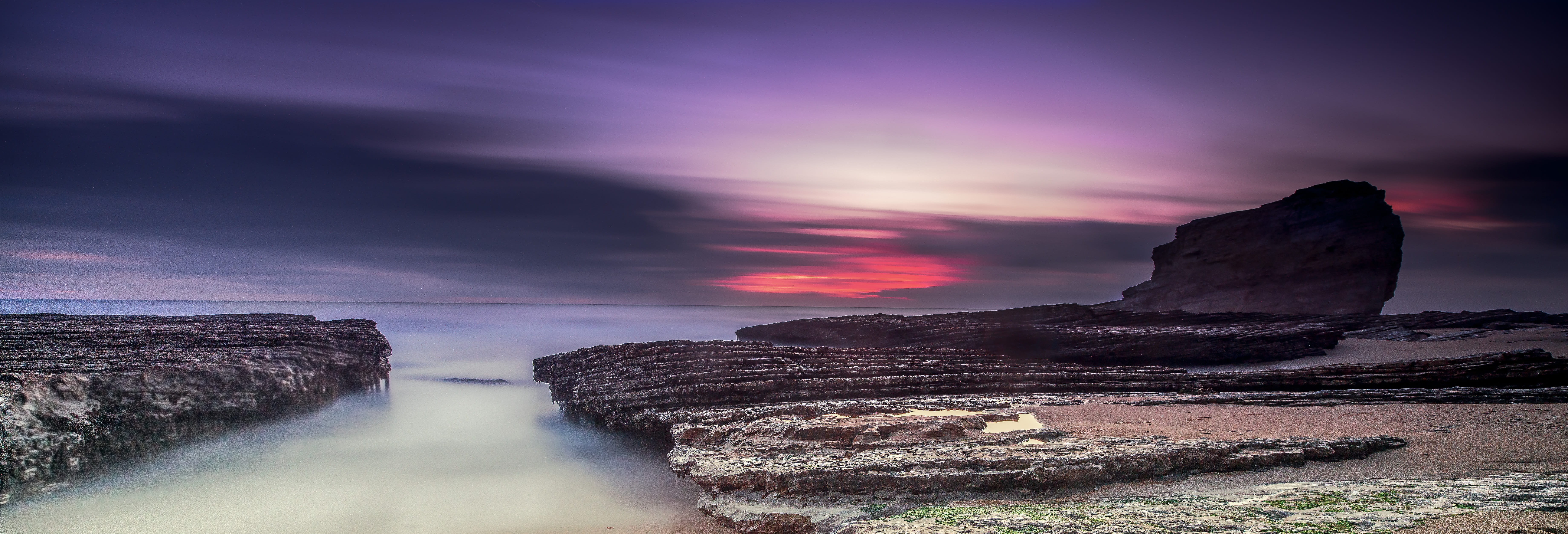 sunset, panoramic, water, dawn, nature, rock - object, sky