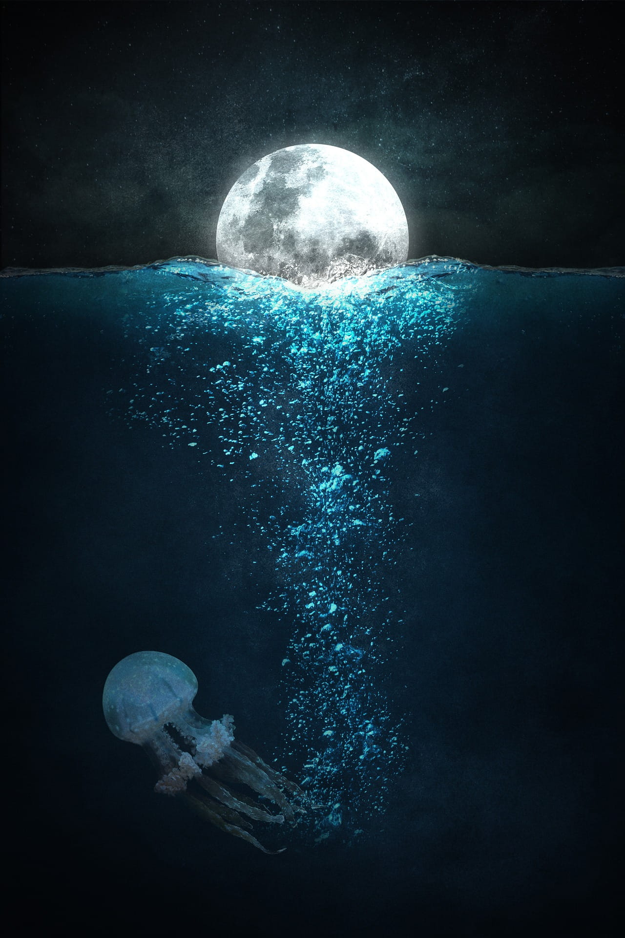 full, moon, glowing, sea, water, ocean, deep, blue, nature
