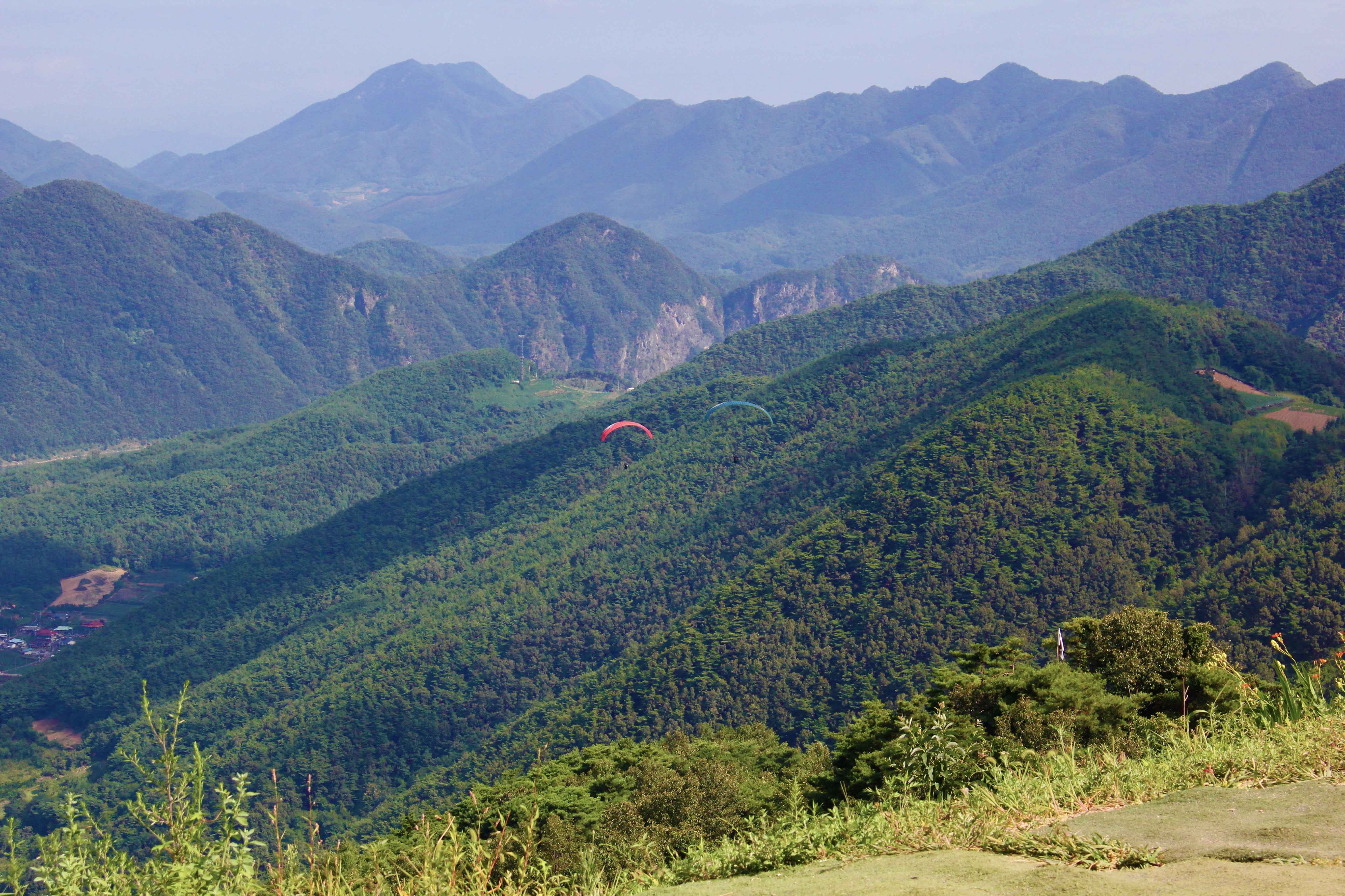 landscape, mountains, paragliding, scene, environment, forest