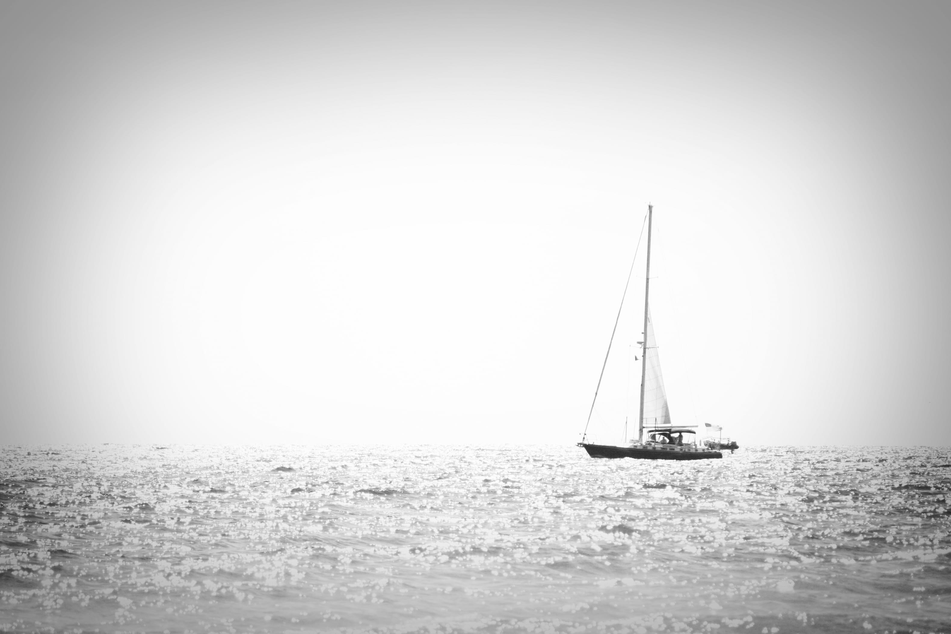 sailboat, black and white, ocean, sailing, nautical vessel