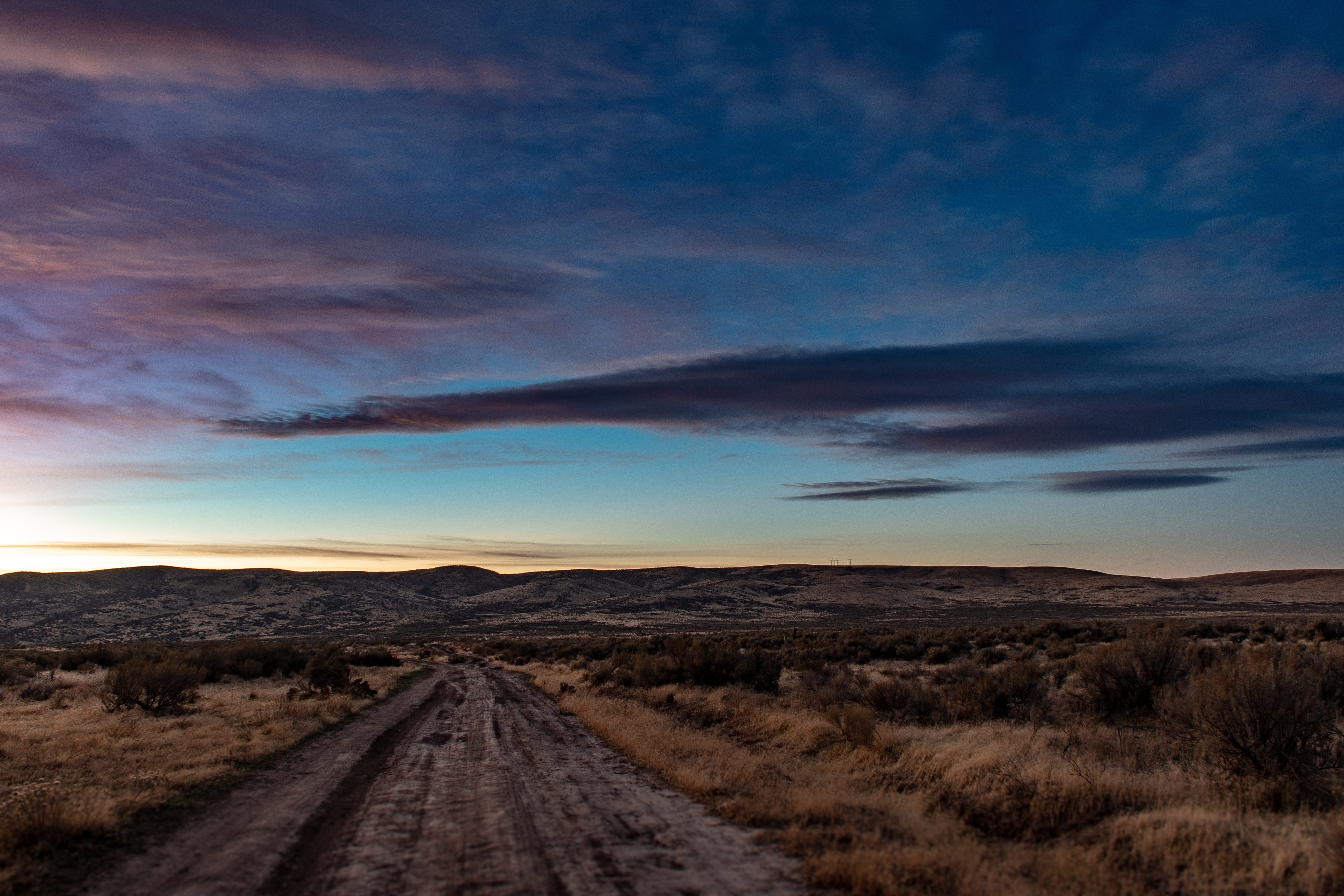 Road Surrounded by Grass Field, clouds, dirt road, evening, golden hour