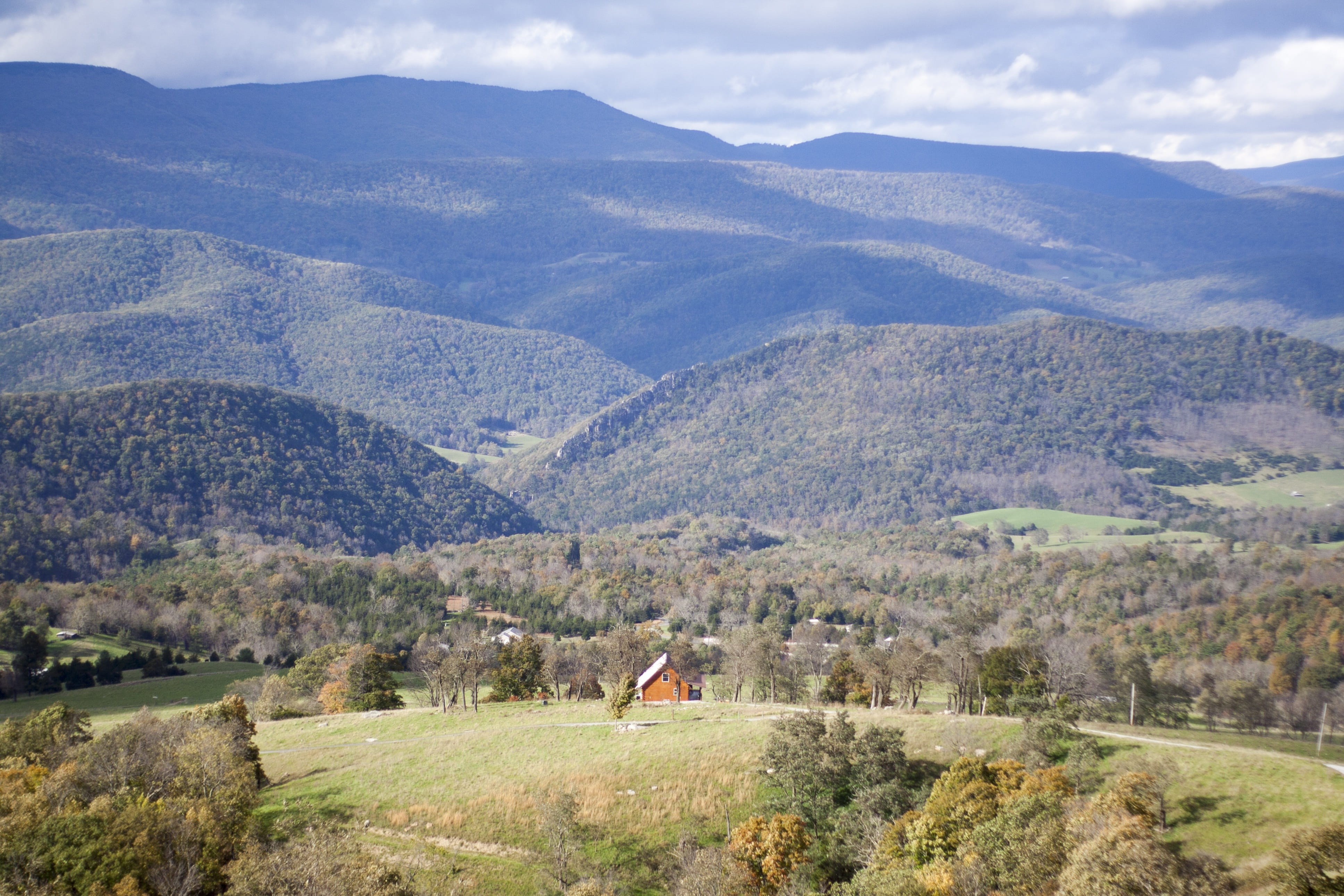 west virginia, fall, house, clouds, trees, mountains, landscape