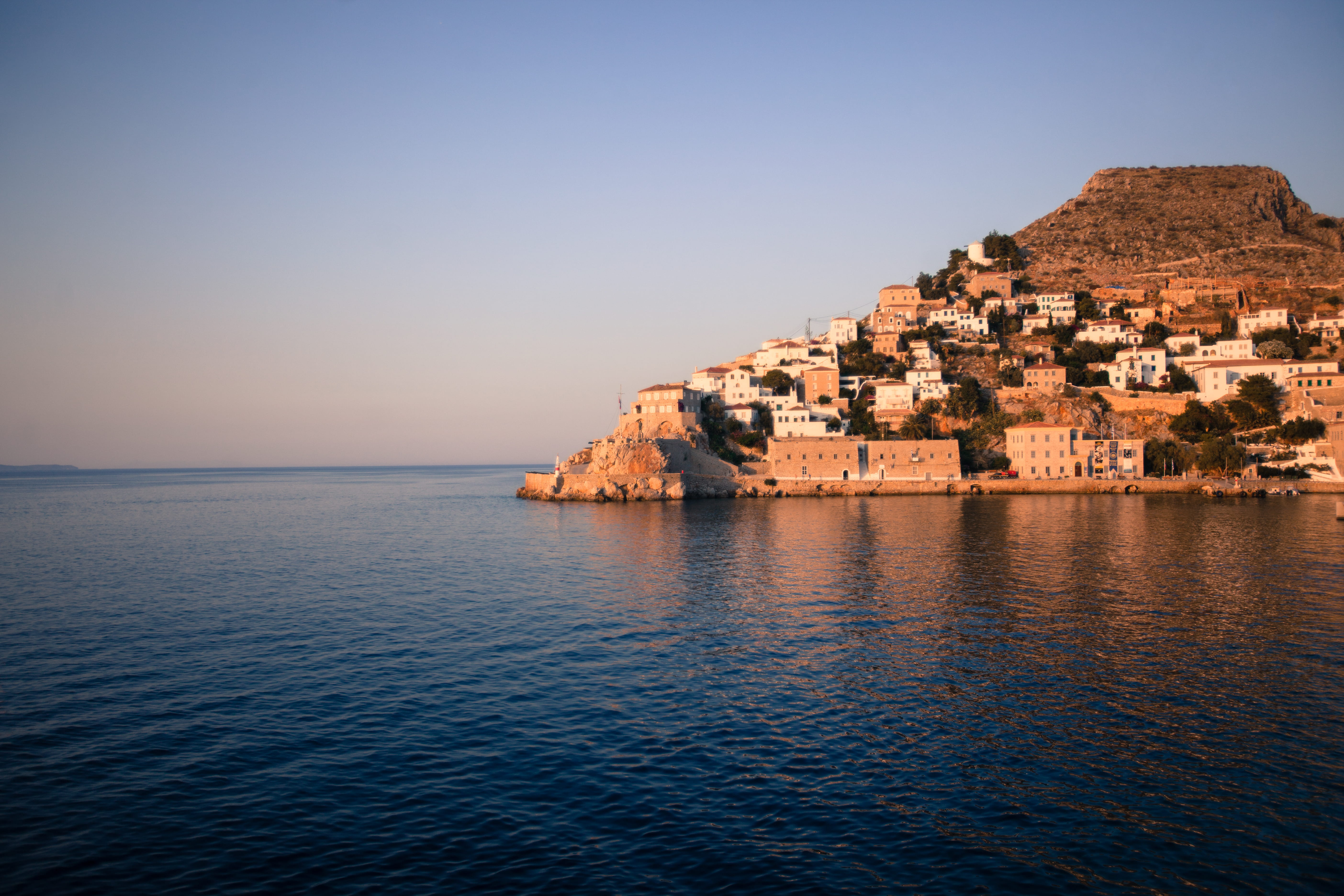 island, hydra, greece, sea, mediterranean, city, harbor, twilight