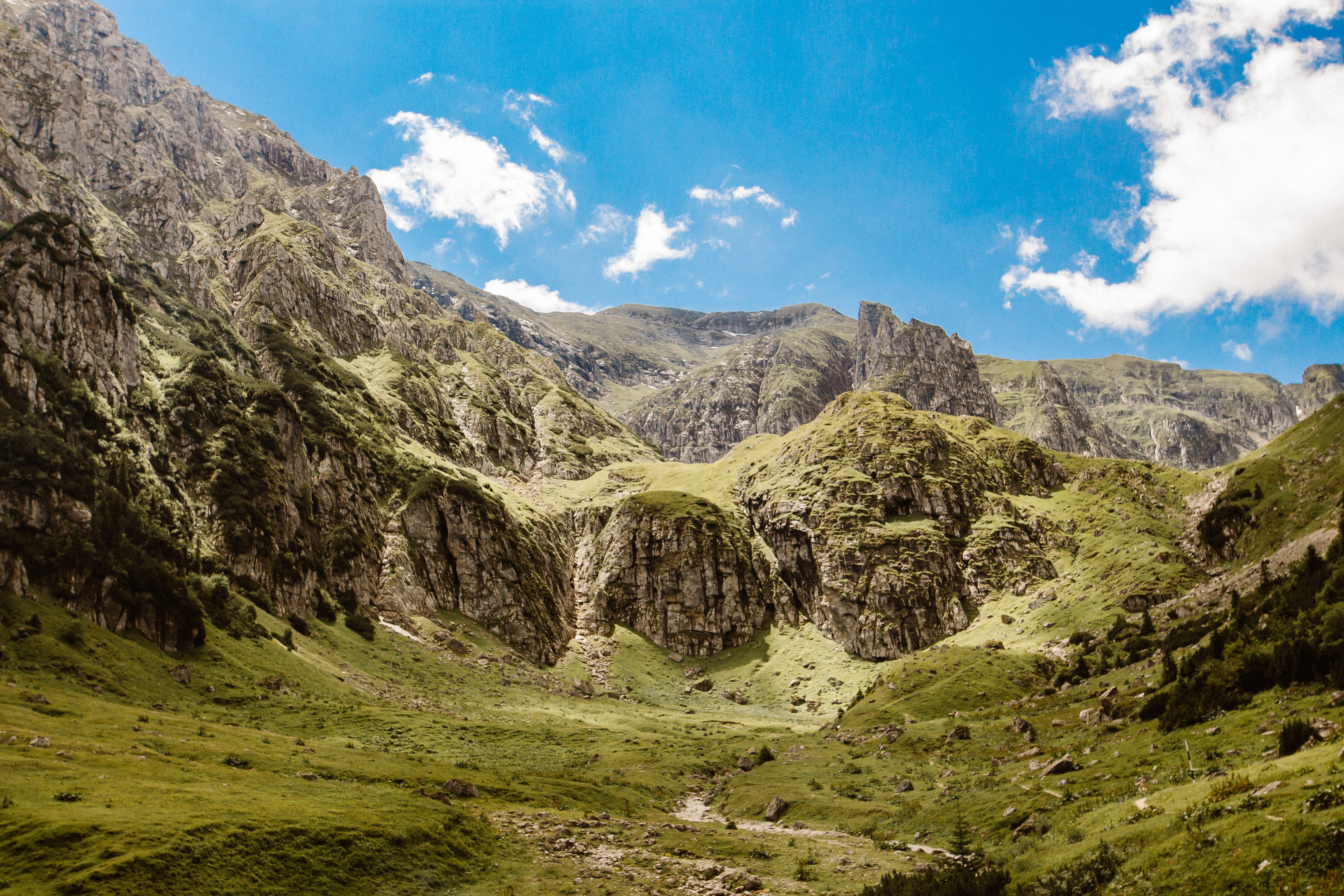 mountain, view, landscape, cliffs, hills, grass, sky, clouds