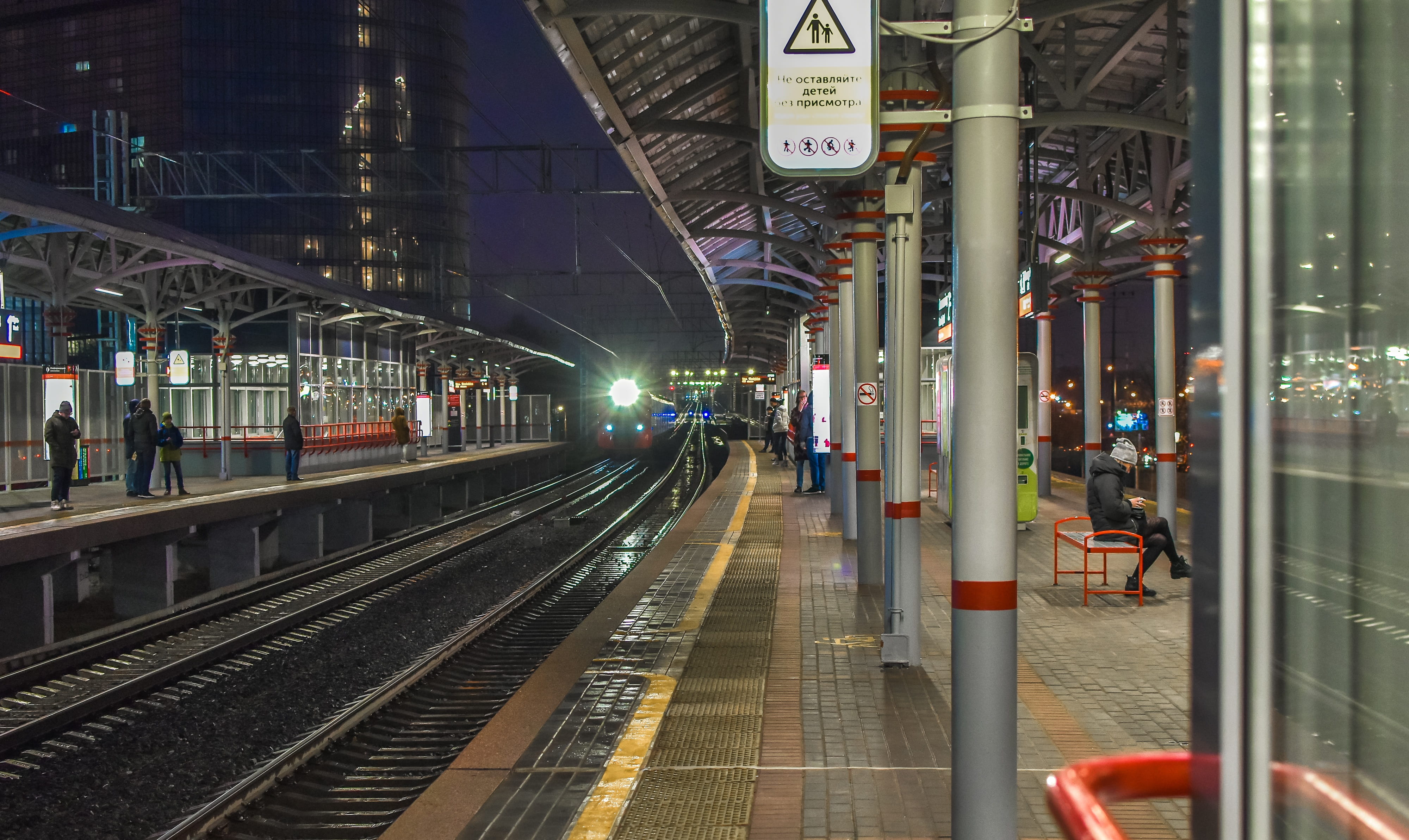 pillars, rails, train, evening, railway, rail transportation