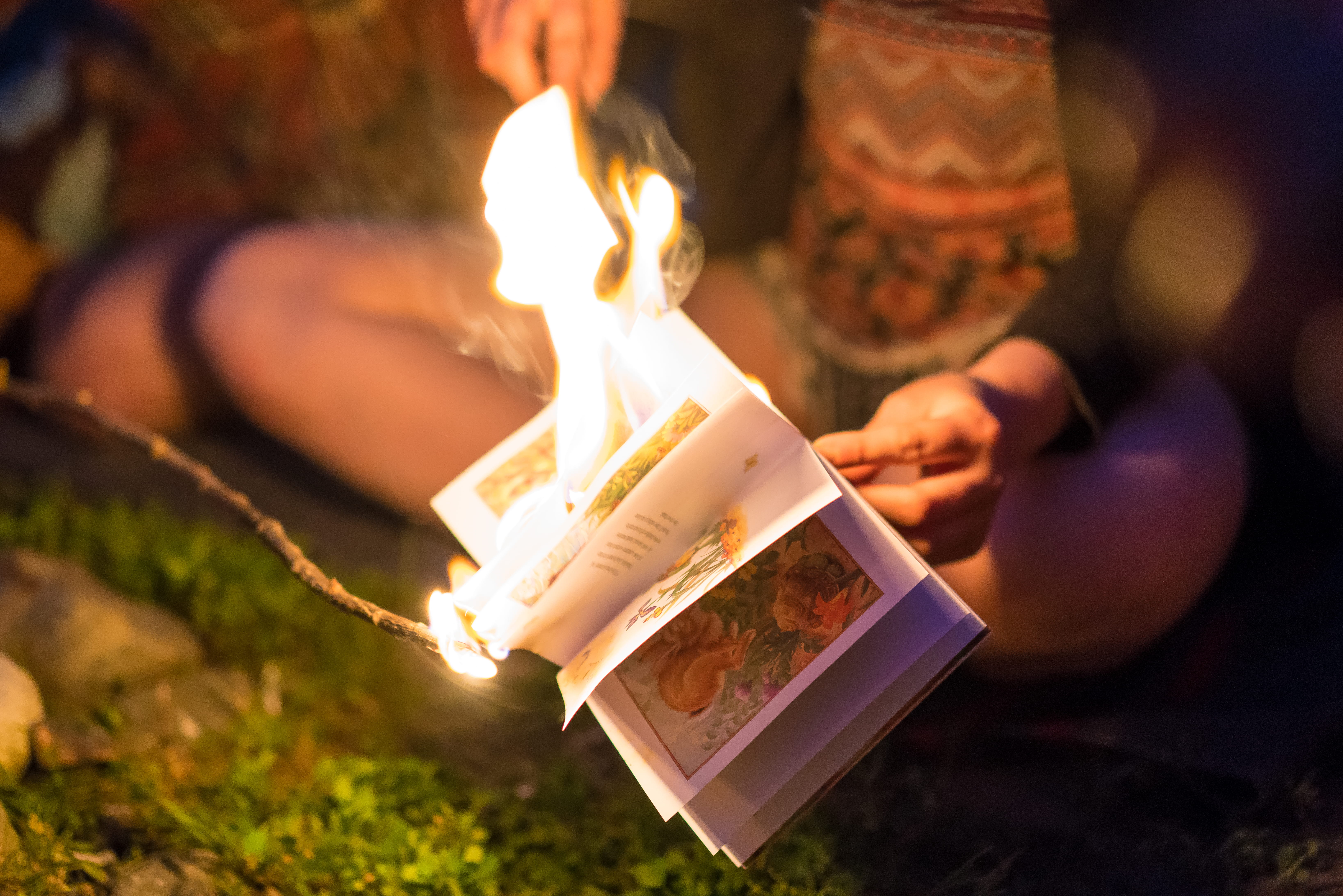 fire, camping, campfire, book, burning, flames, outdoors, river