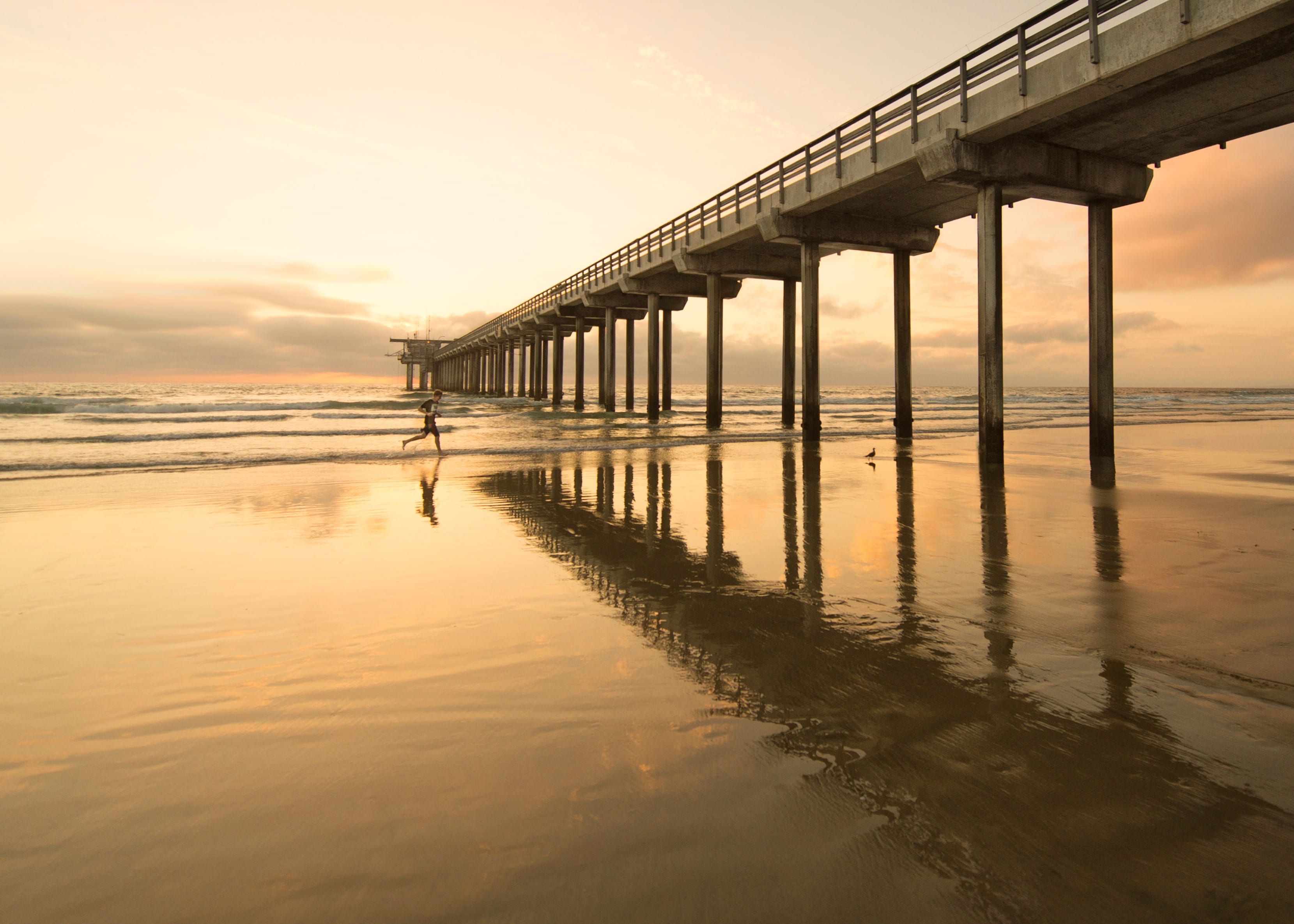 run, boy, pier, water, sky, built structure, architecture, reflection