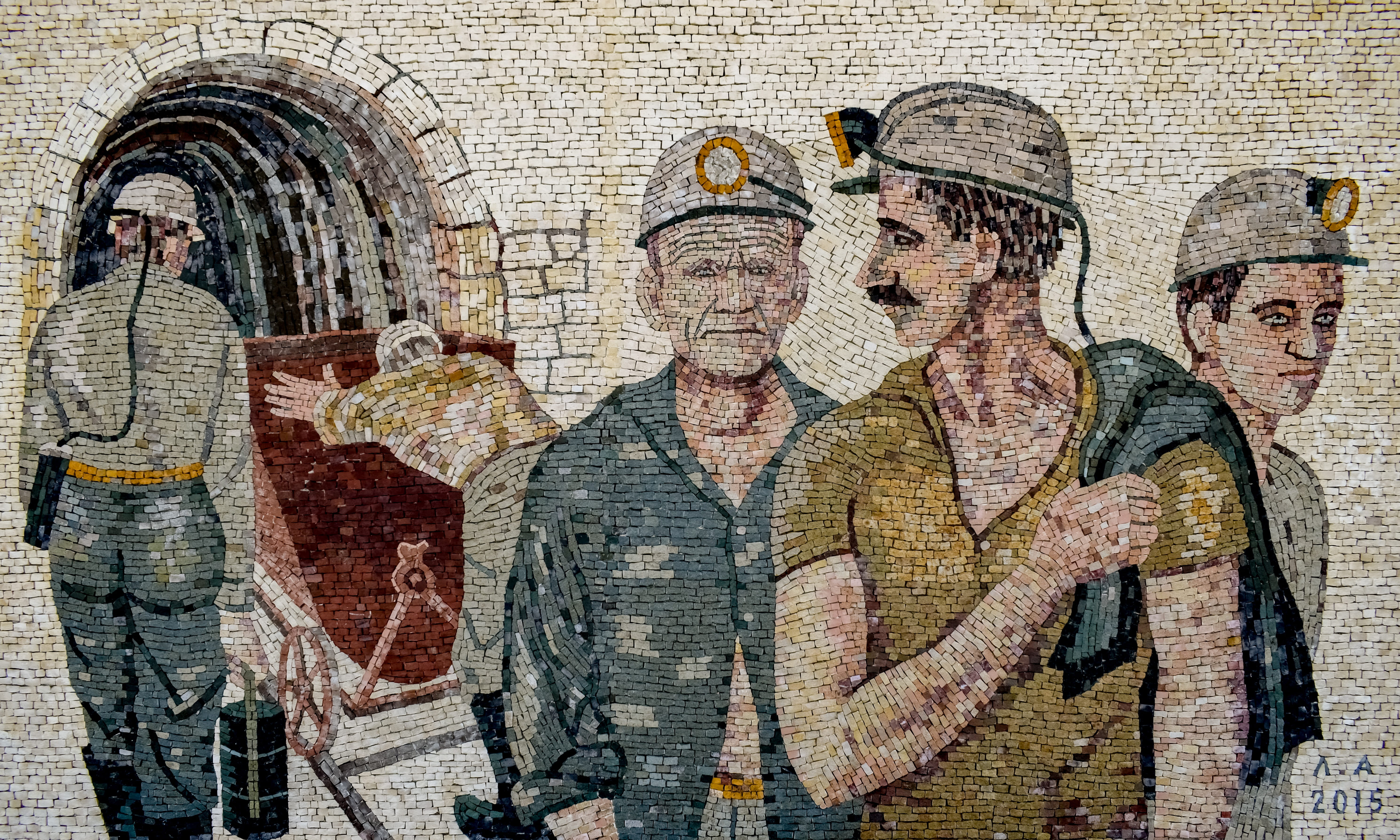 miners, workers, men, wall, mosaic, art, working, agrokipia