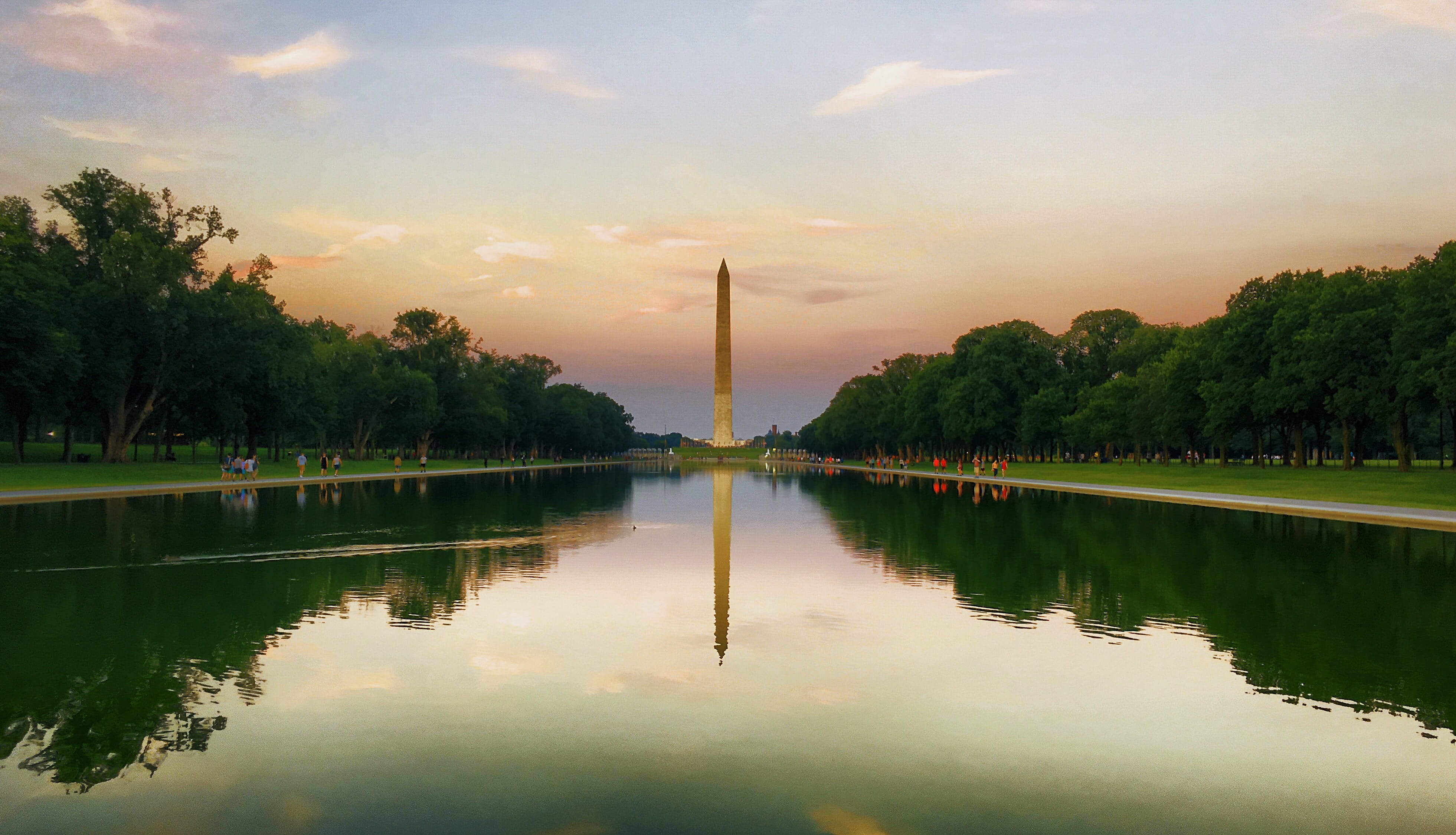 dc, reflection, water, sky, tree, lake, sunset, architecture