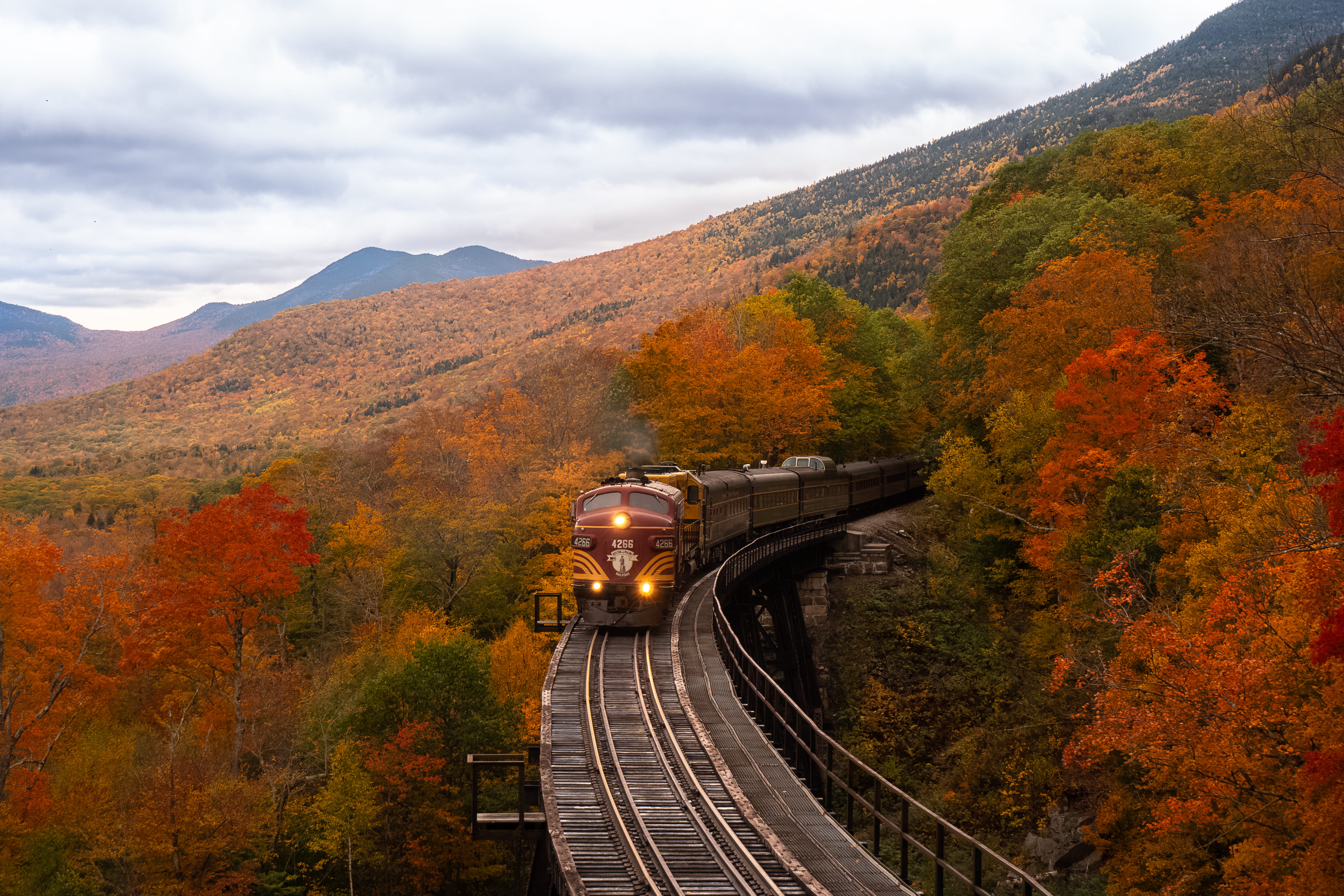 orange train between fall trees, transportation, autumn, cloud - sky