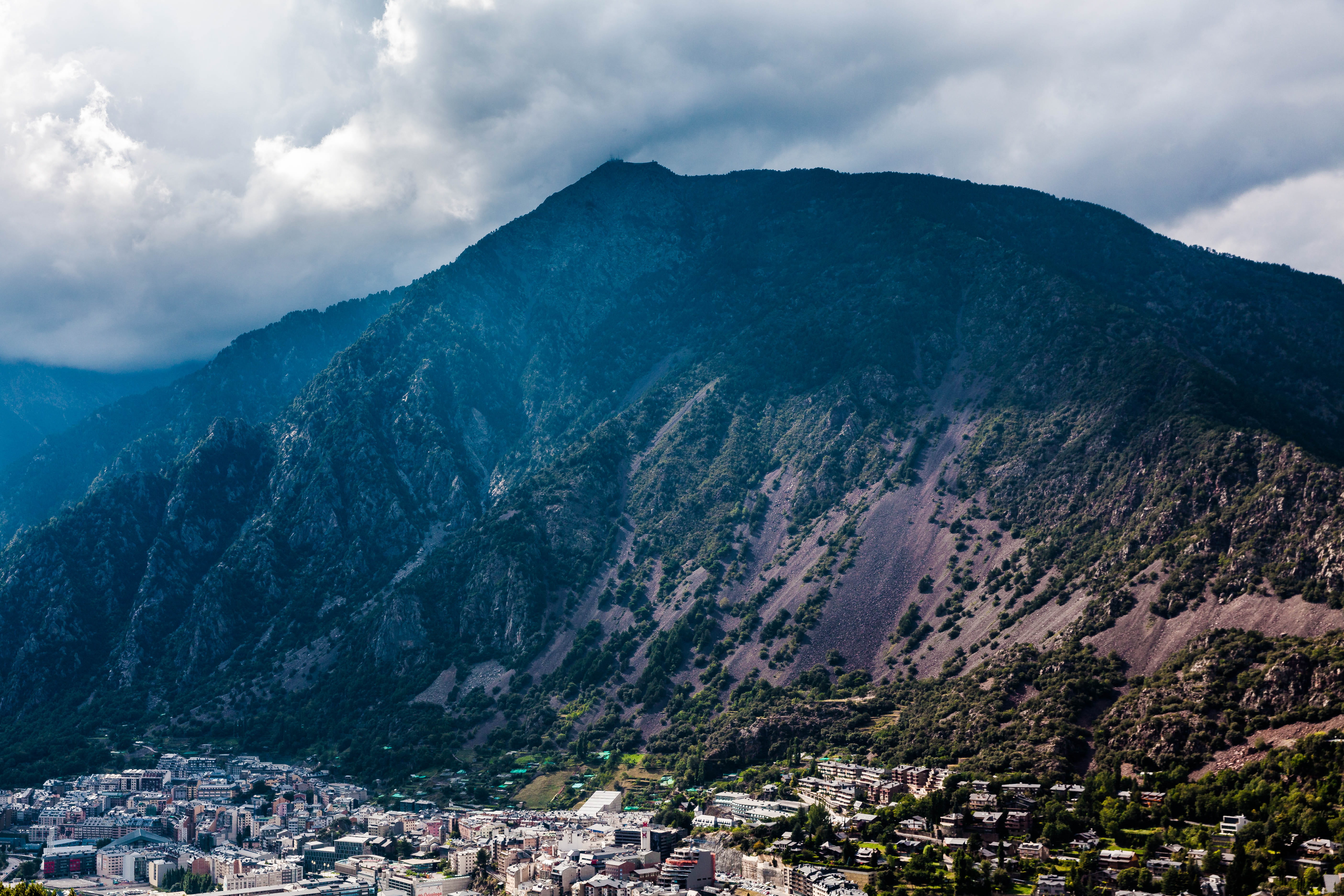 mountains with trees, cloud, valley, forest, town, hill, filter
