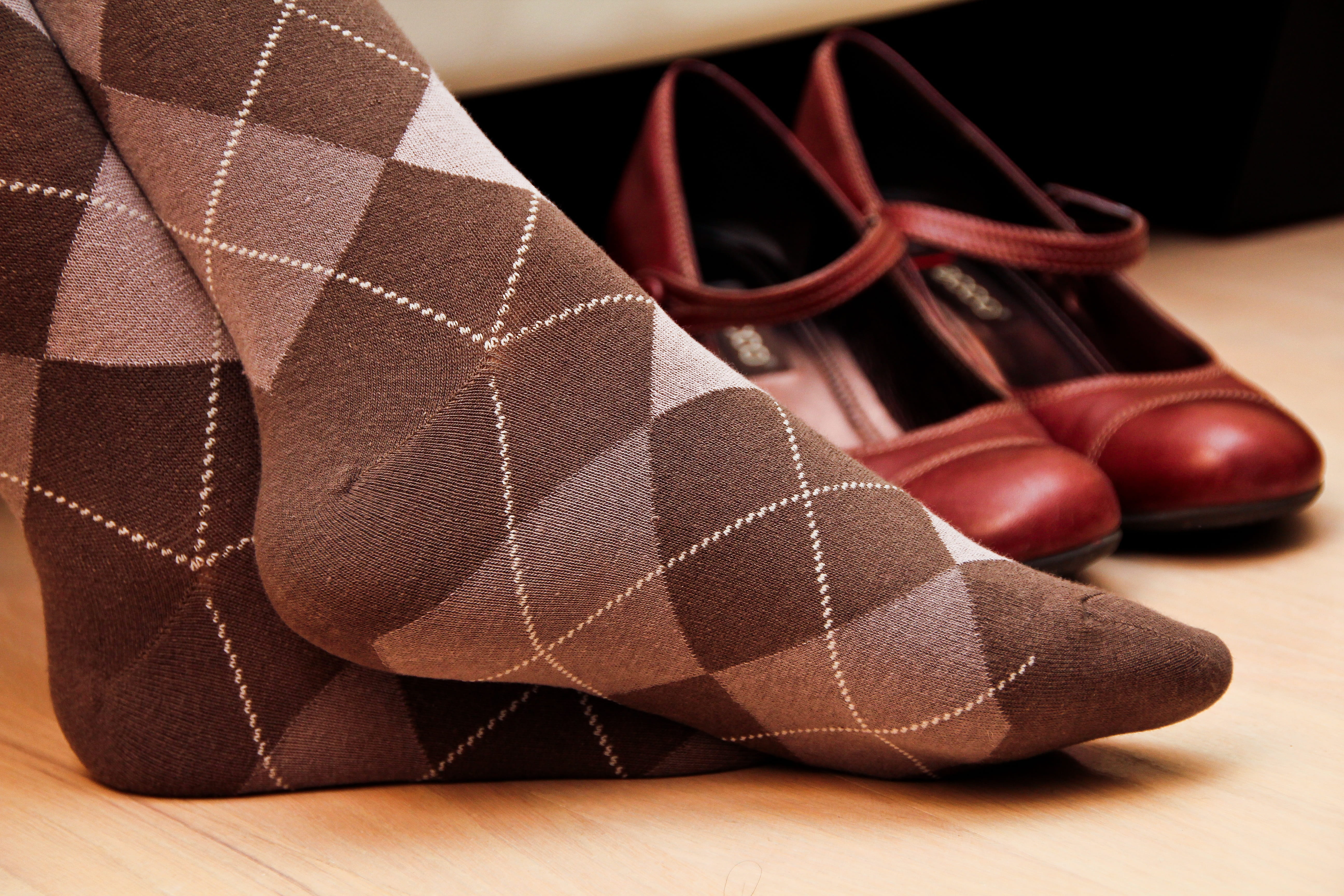 Person Wearing Brown Sock, close-up, color, elegant, fashion