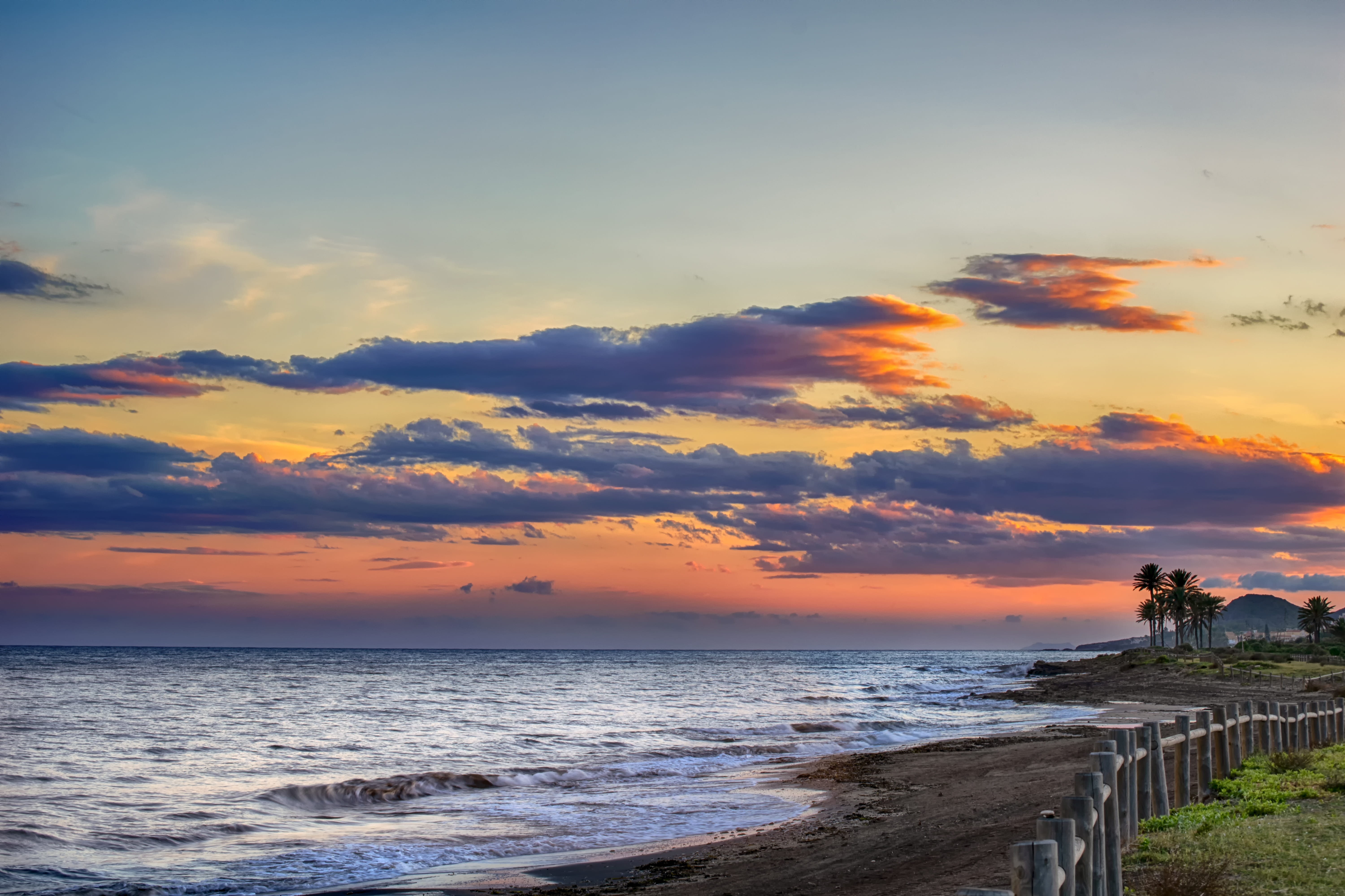 sunset, palms, beach, sky, landscape, clouds, light, romantic