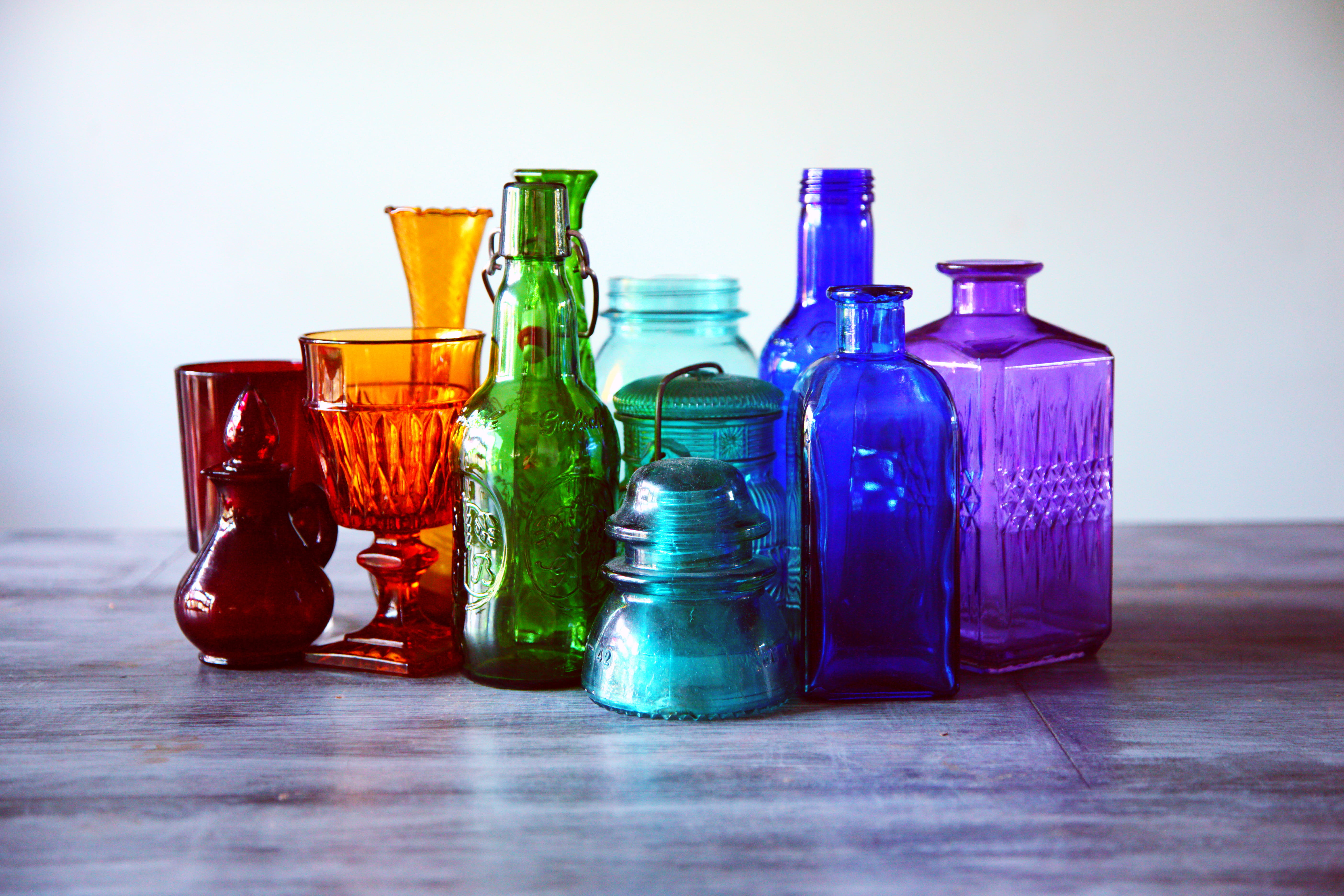 Assorted-color Translucent Glass Containers, bottles, bright