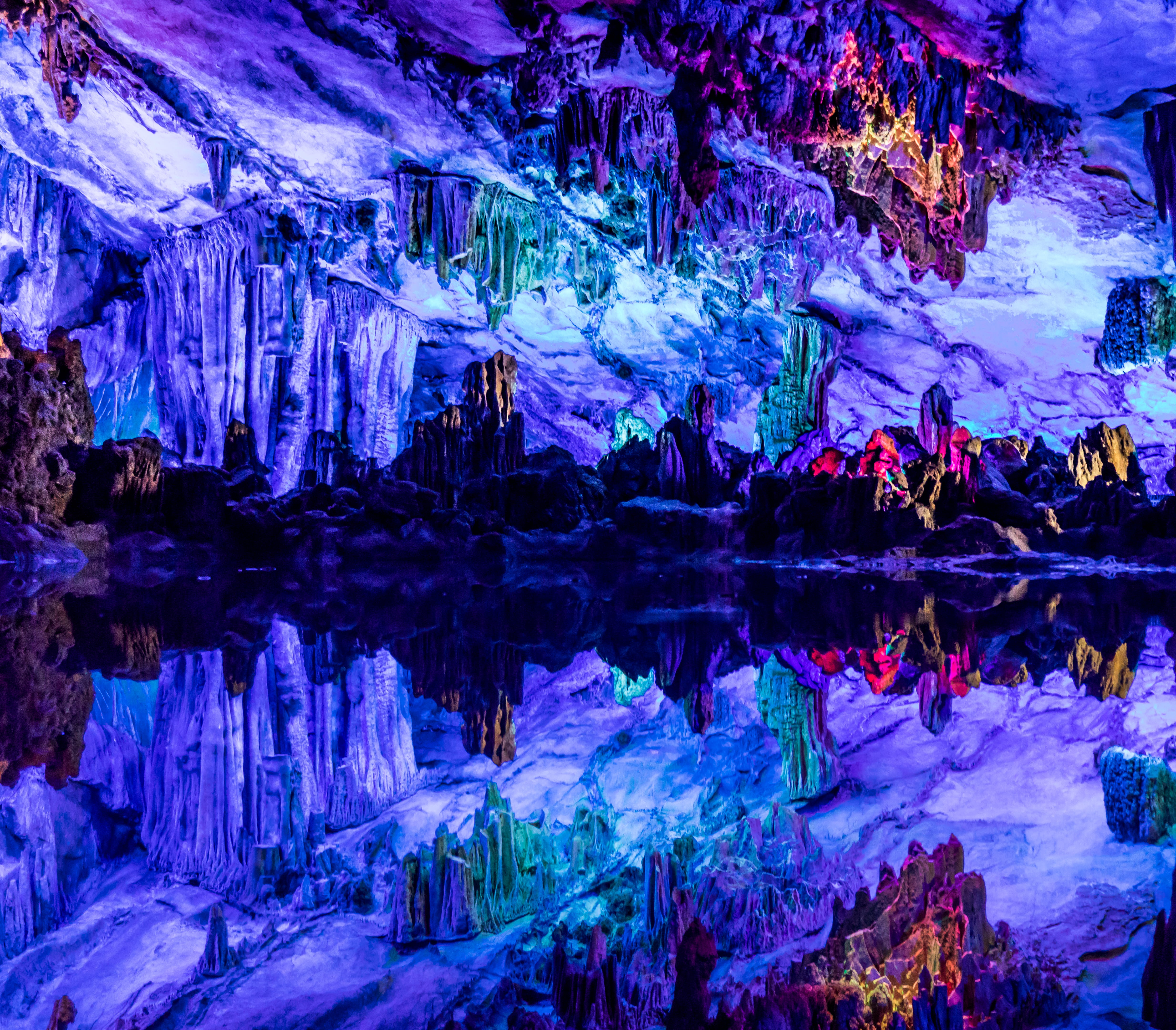 multicolored abstract wallpaper, water, lake, reflection, rock