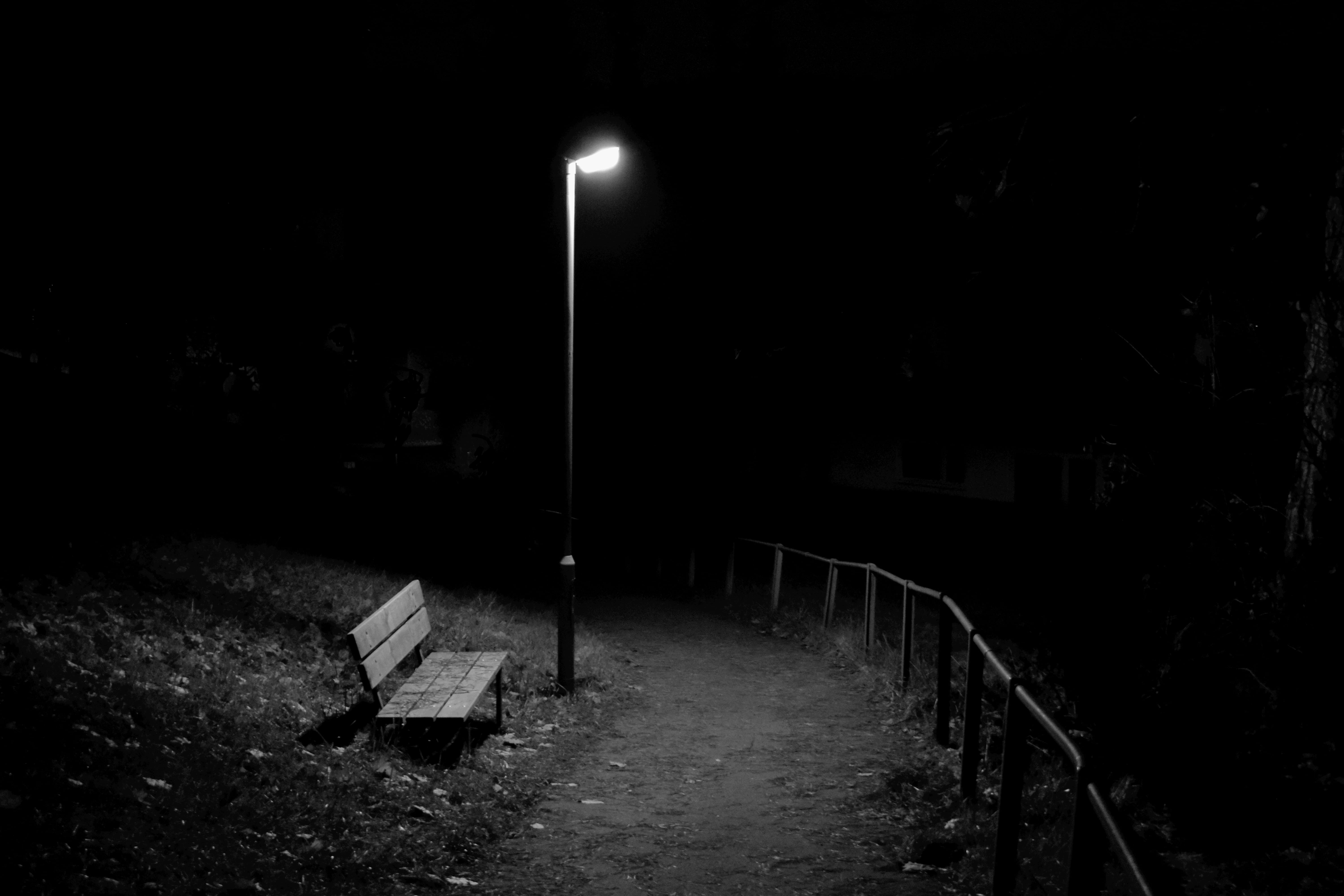 germany, baden-württemberg, bench, streetlight, night, black and white