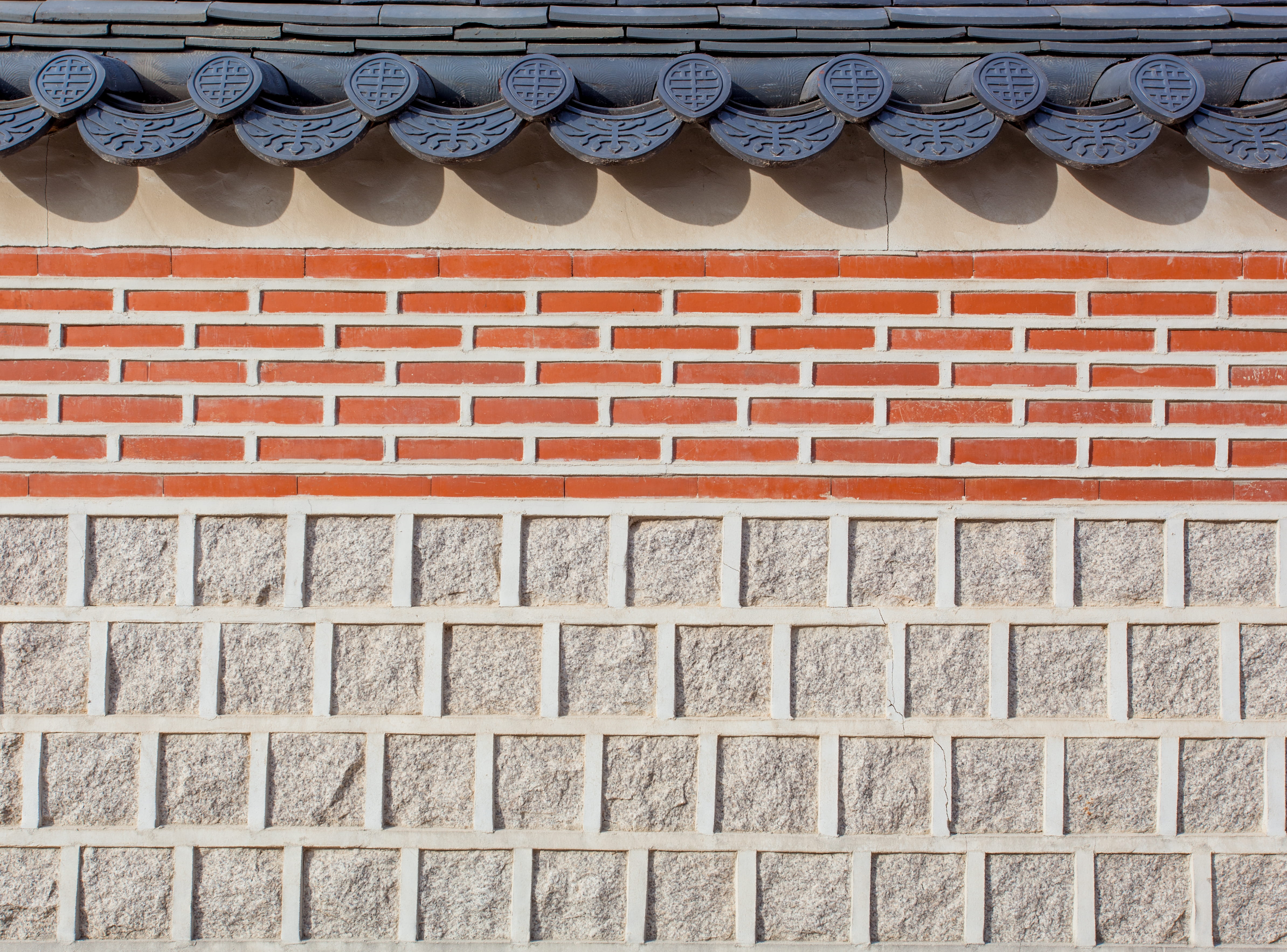 gray and brown wall bricks, roof, gyeongbokgung palace, south korea