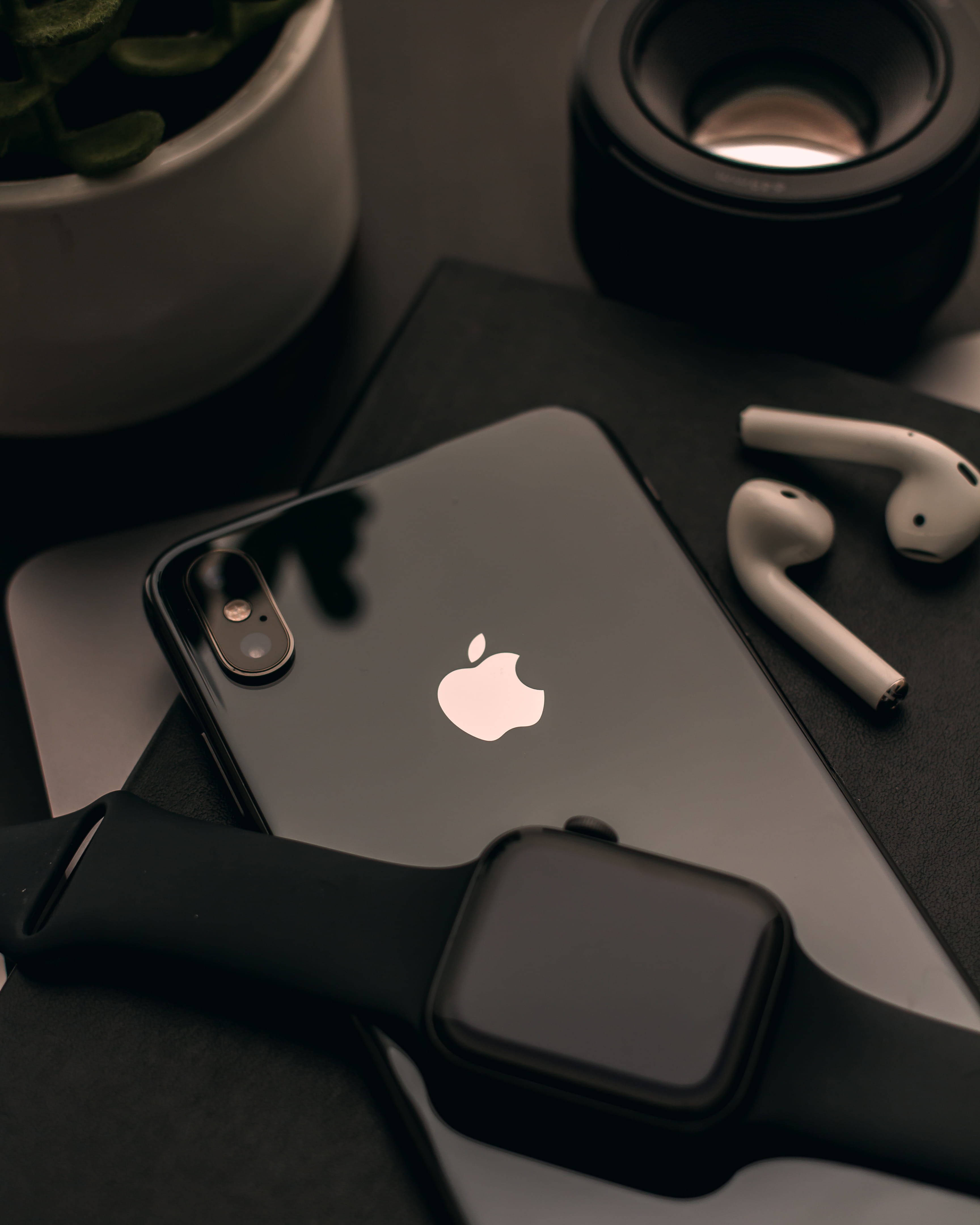 space black Apple Watch over black iPhone X, electronics, cell phone