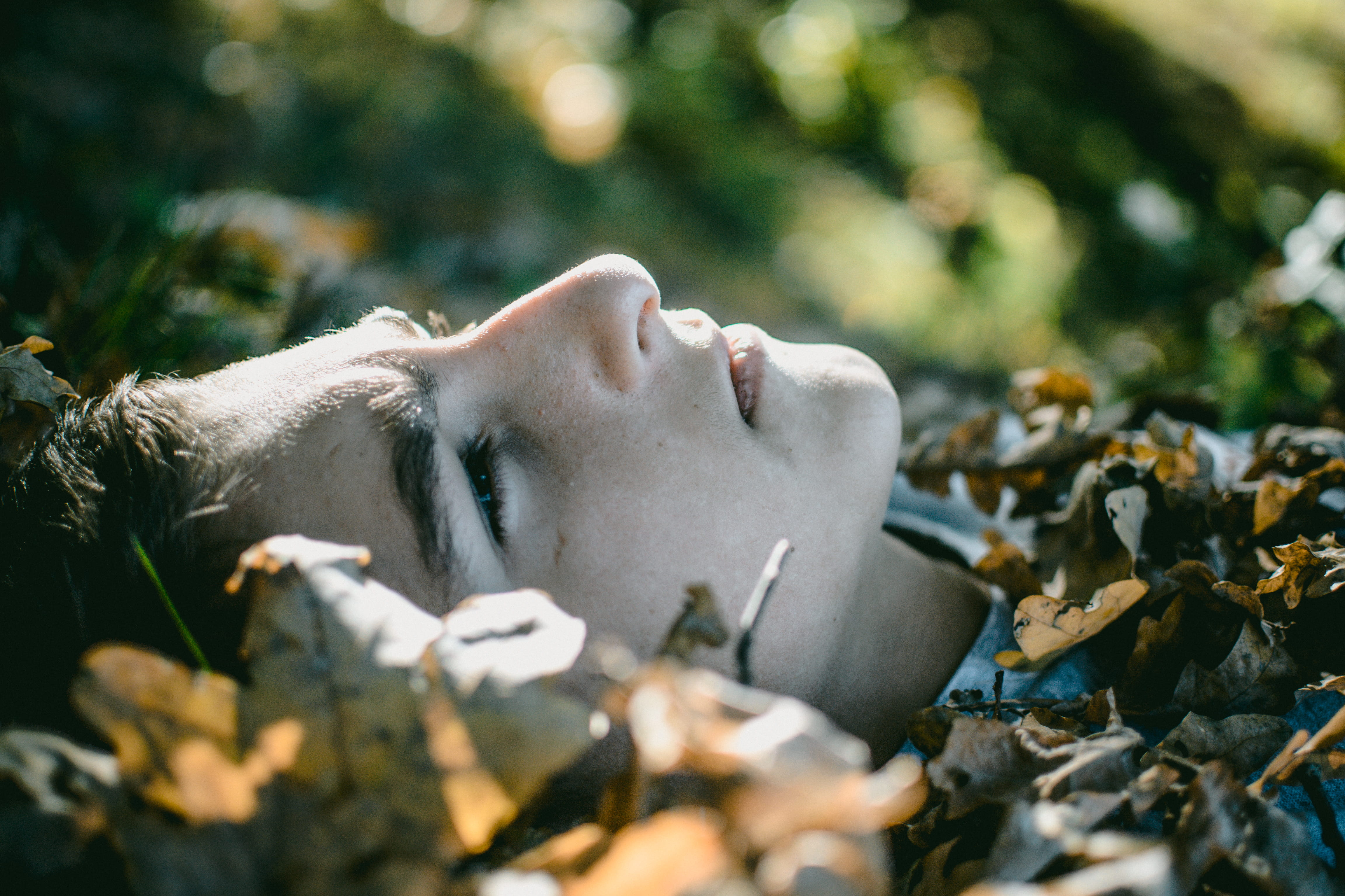 man's face, eye, child, leaf, looking up, thinking, afternoon