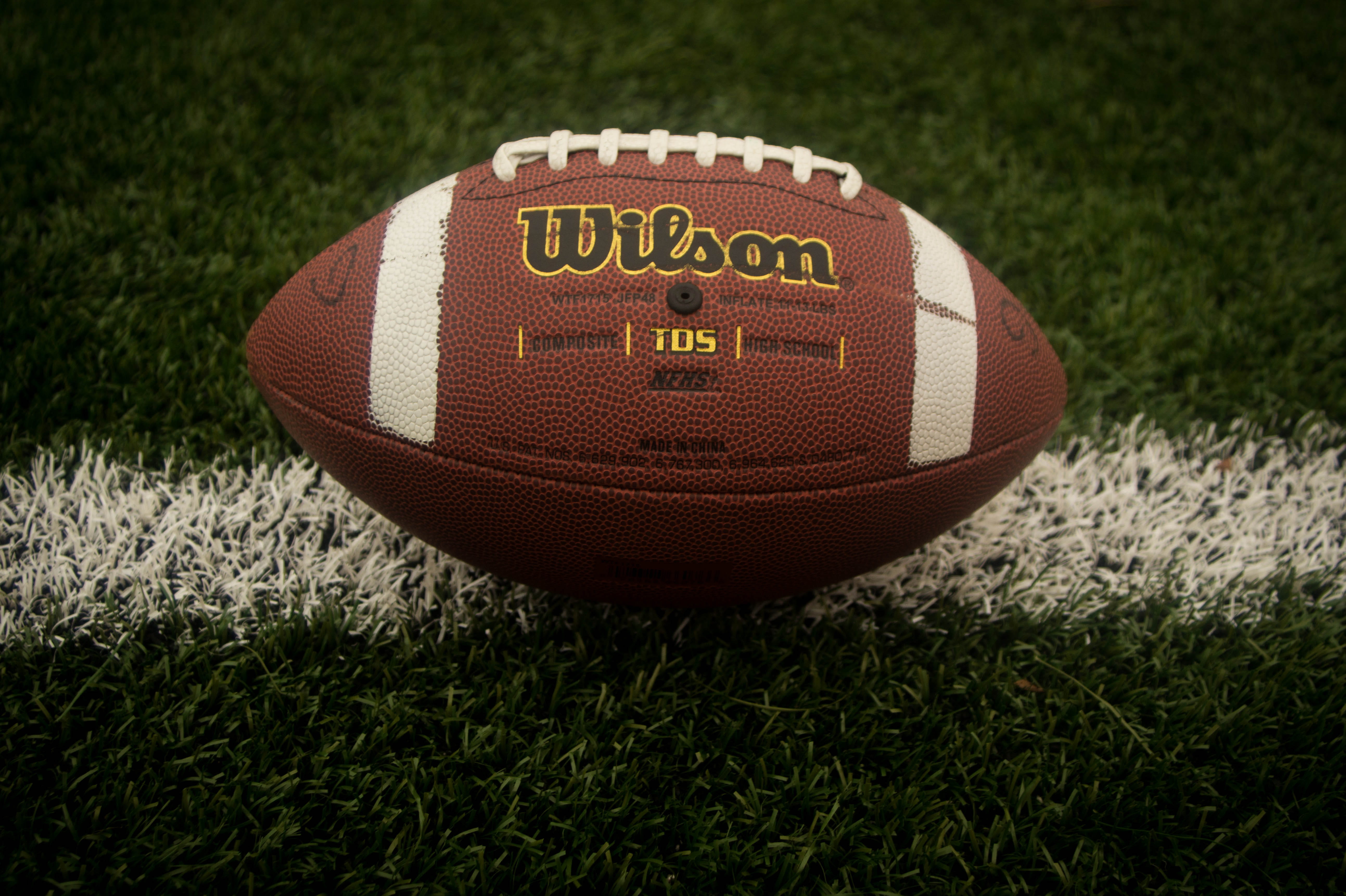 This picture shows an american football manufactured by Wilson lying on a football field. The football has the typical brown and redish color with some white lines painted on it and white laces on the top.