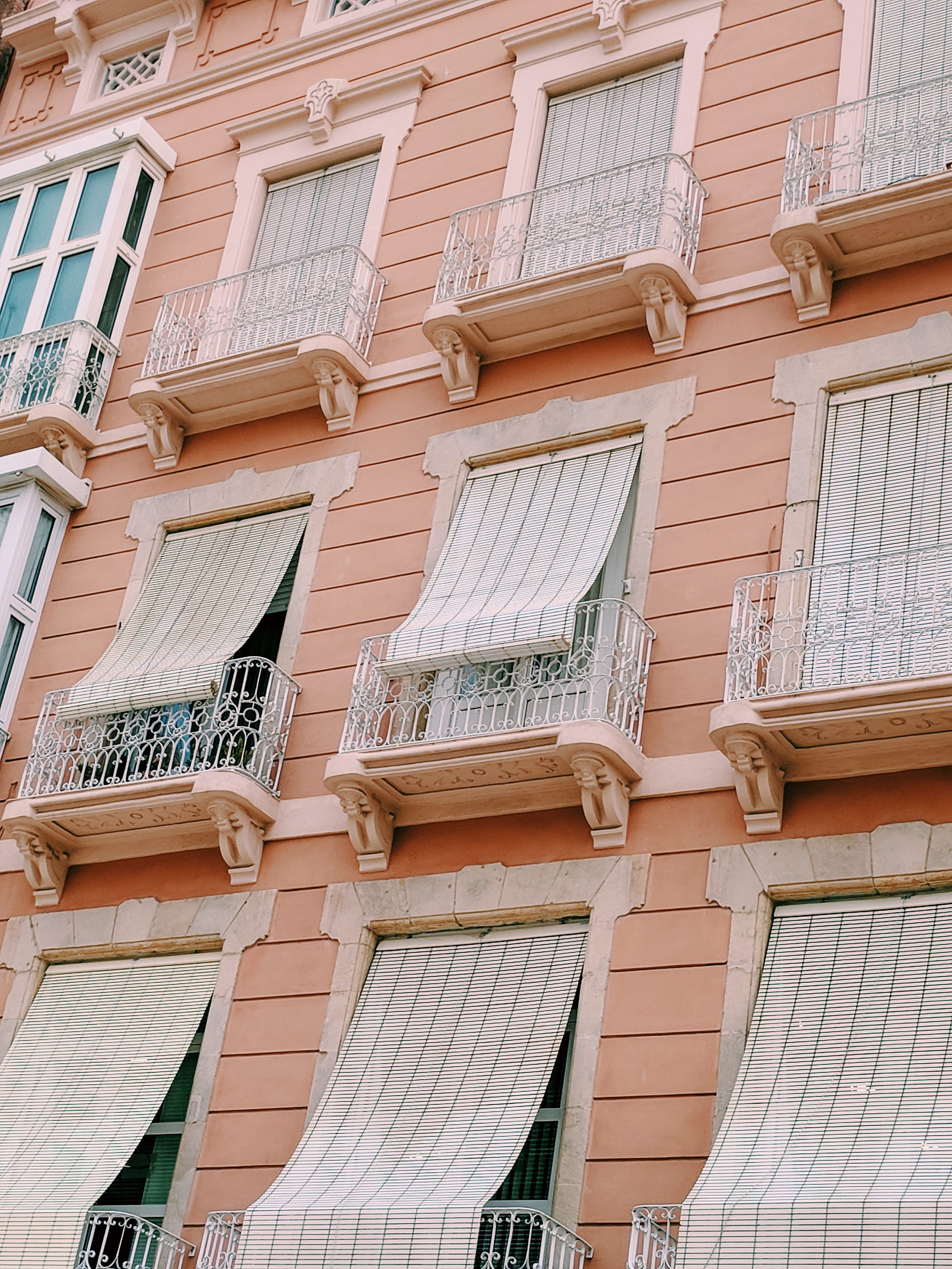 windows, pink, building, spain, balcony, built structure, low angle view