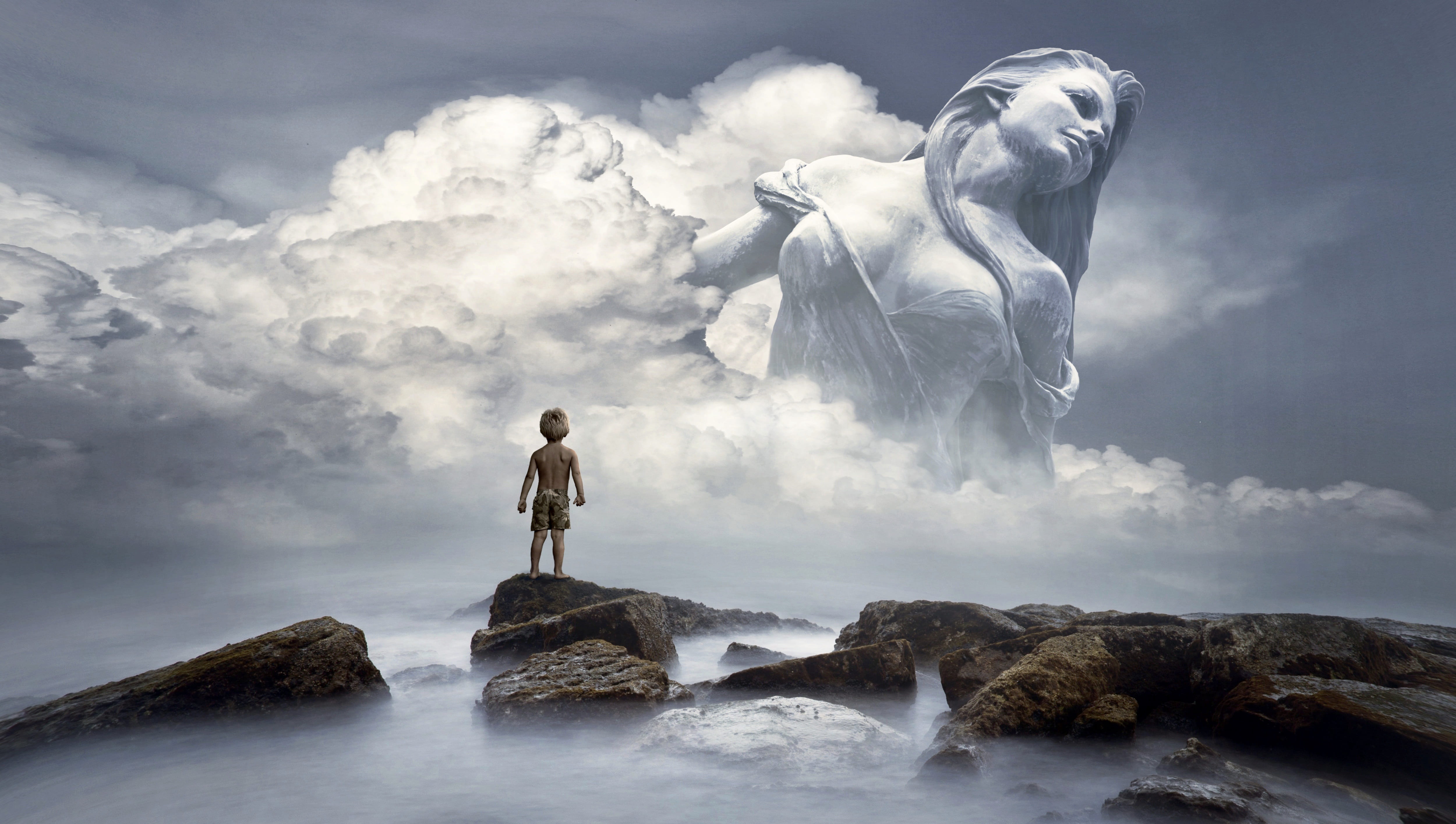 fantasy, clouds, figure, woman, child, light, surreal, nature