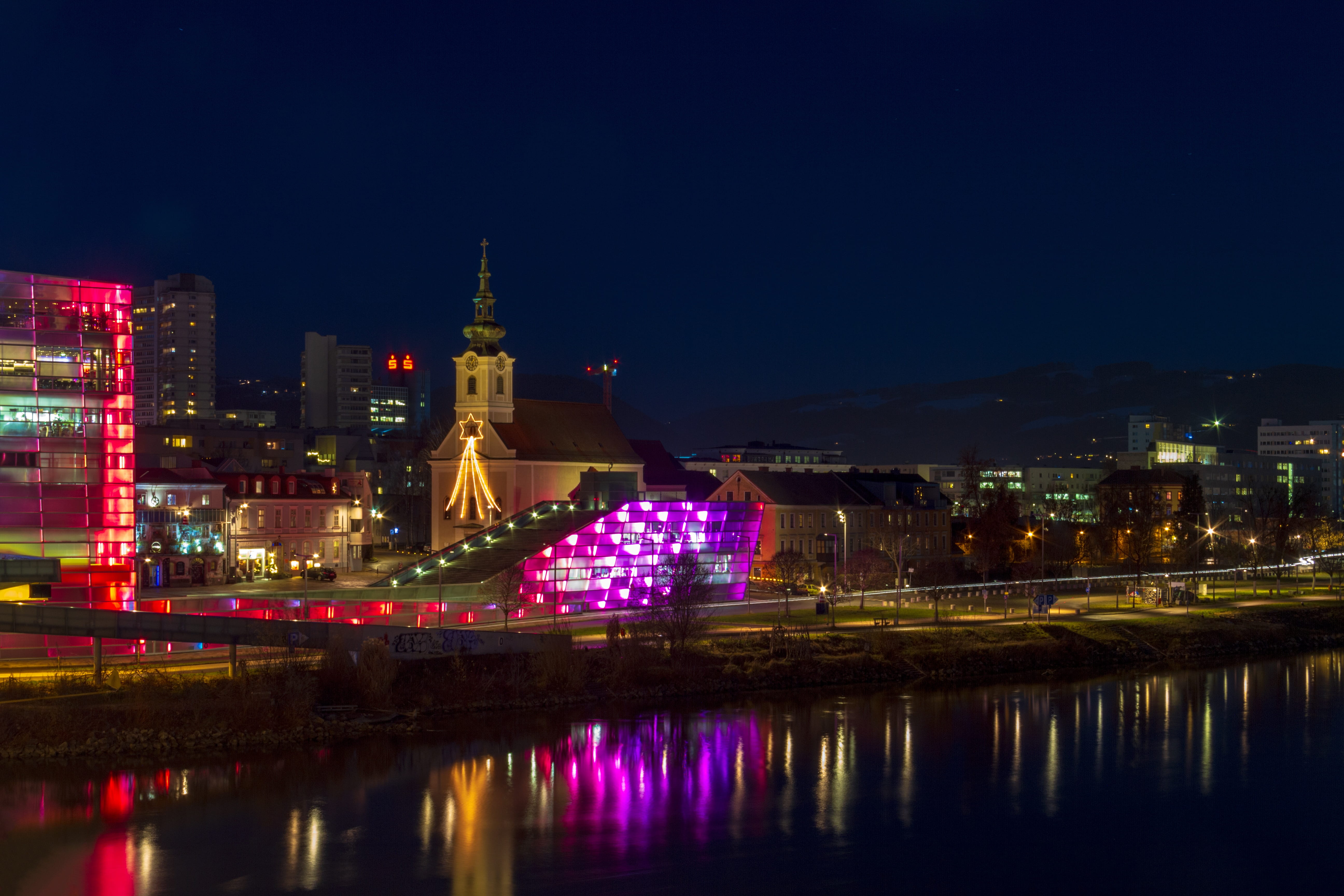 building, night, architecture, river, danube, austria, lights