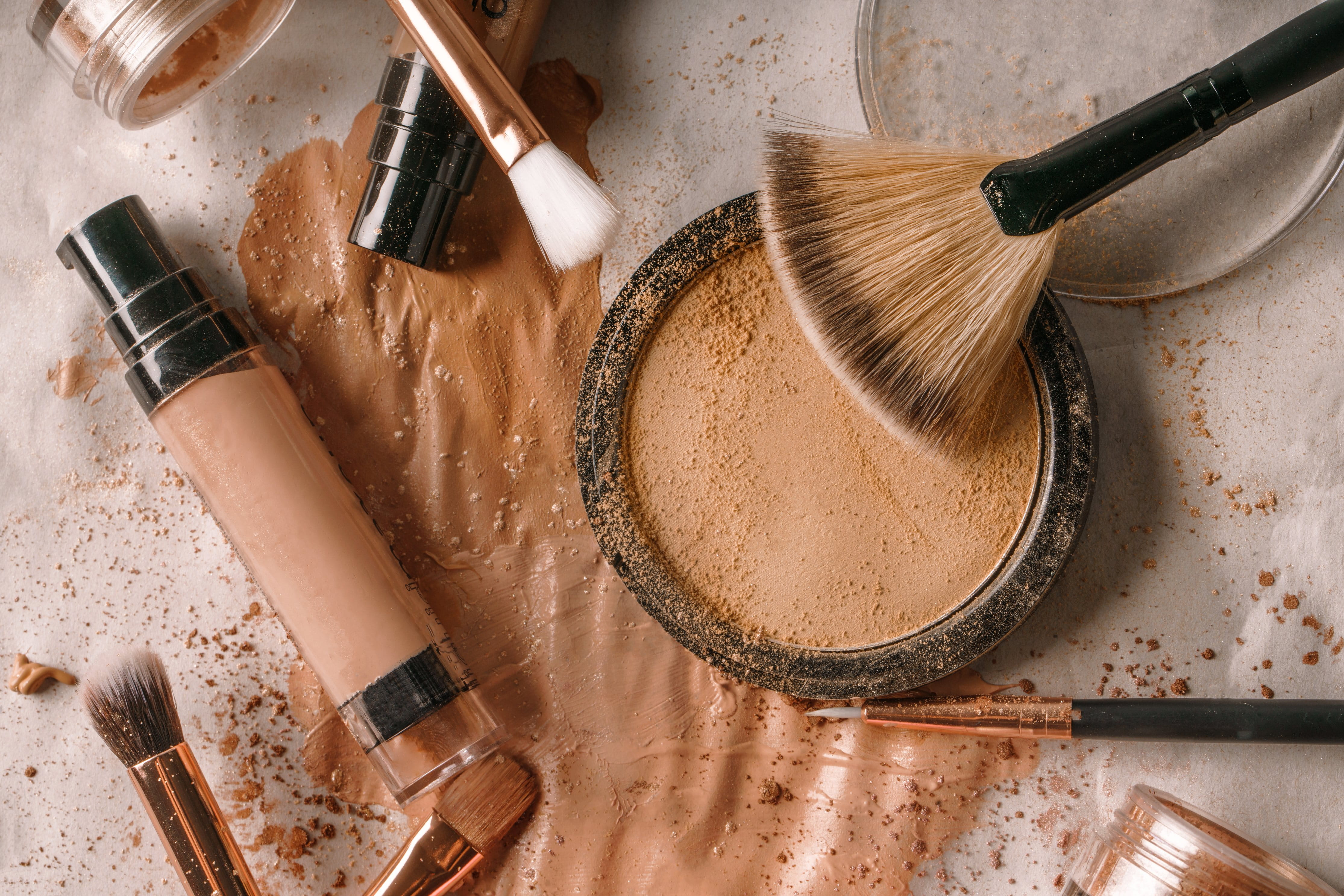 Makeup, Powder, Foundation & Brushes Photo, Flatlay, Beauty