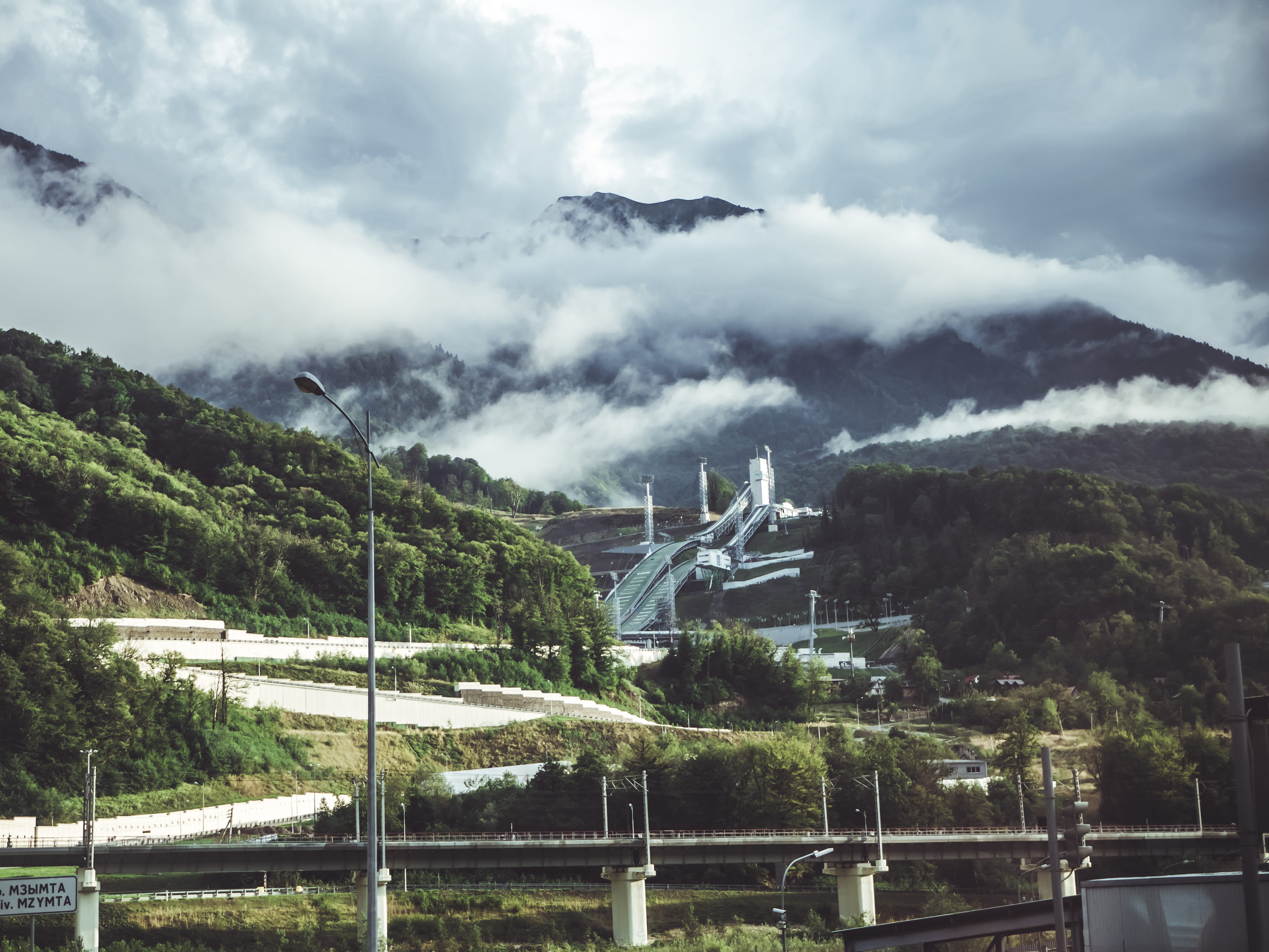 Green Mountain Under White Clouds, architecture, bridge, daylight