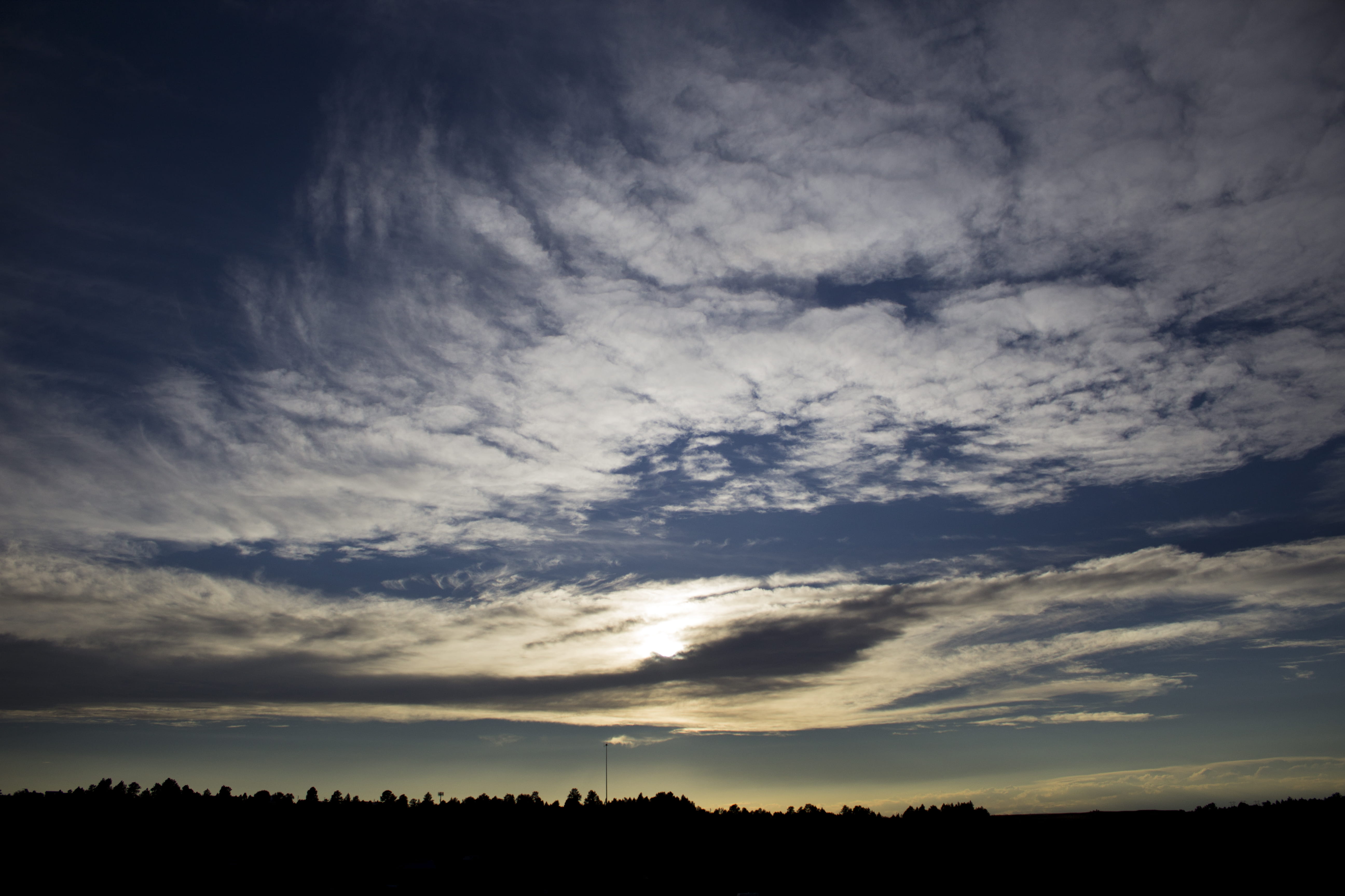 sky, sun, sunset, clouds, skyline, treeline, trees, cloud - sky