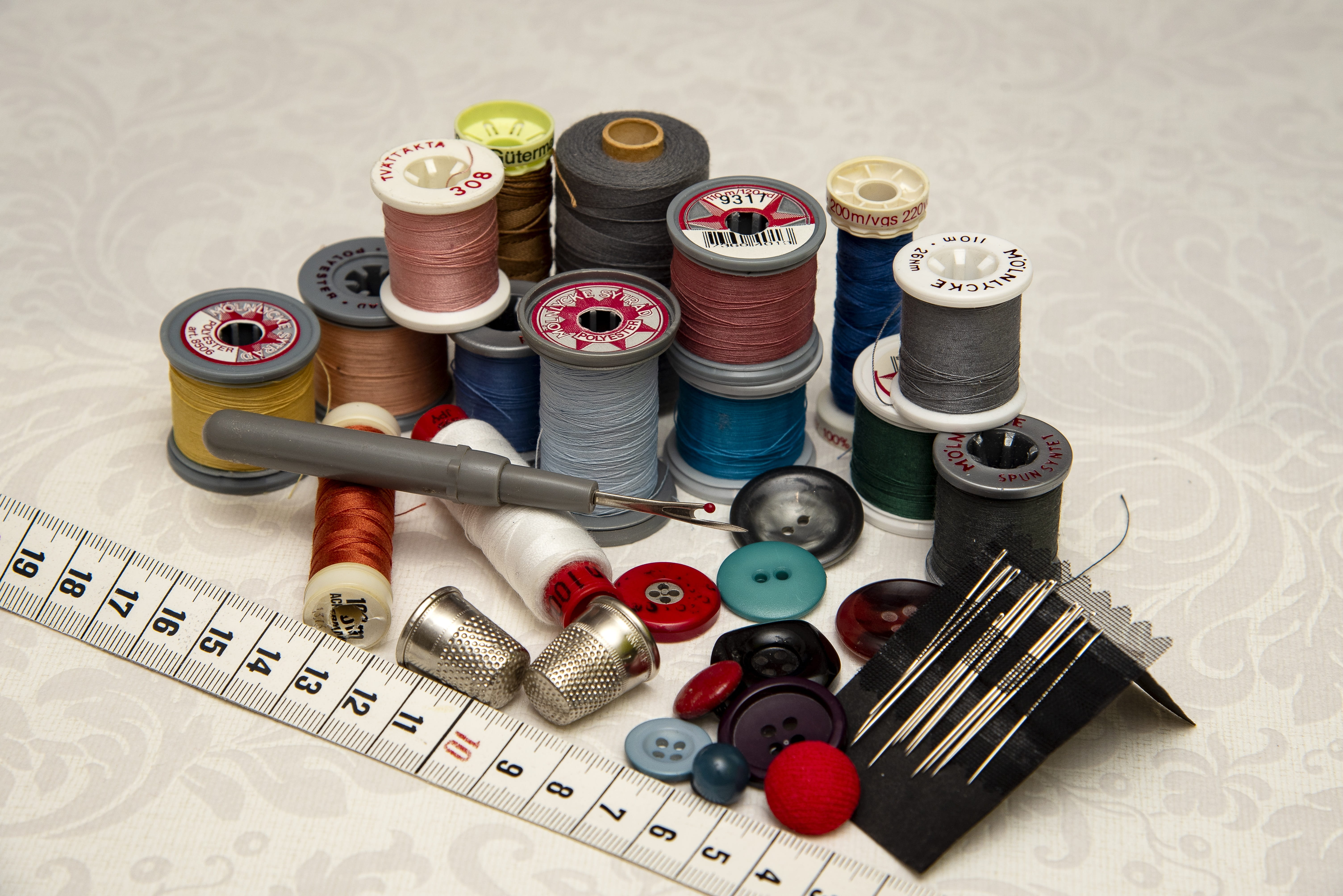 thread, needle, buttons, crafts, sewing needles, tape measure