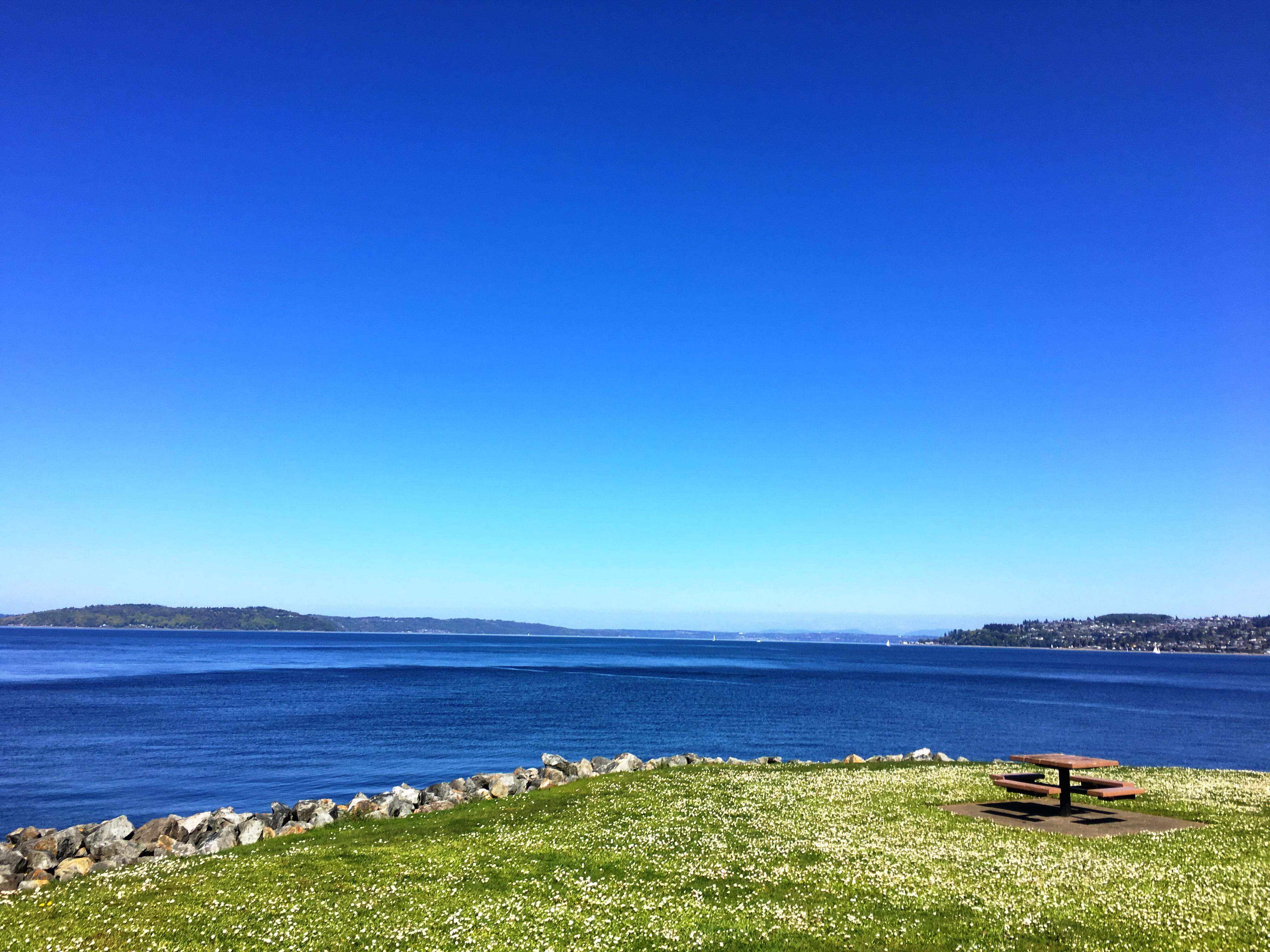 sky, water, edge, cliff, view, peaceful, green grass, blue sky