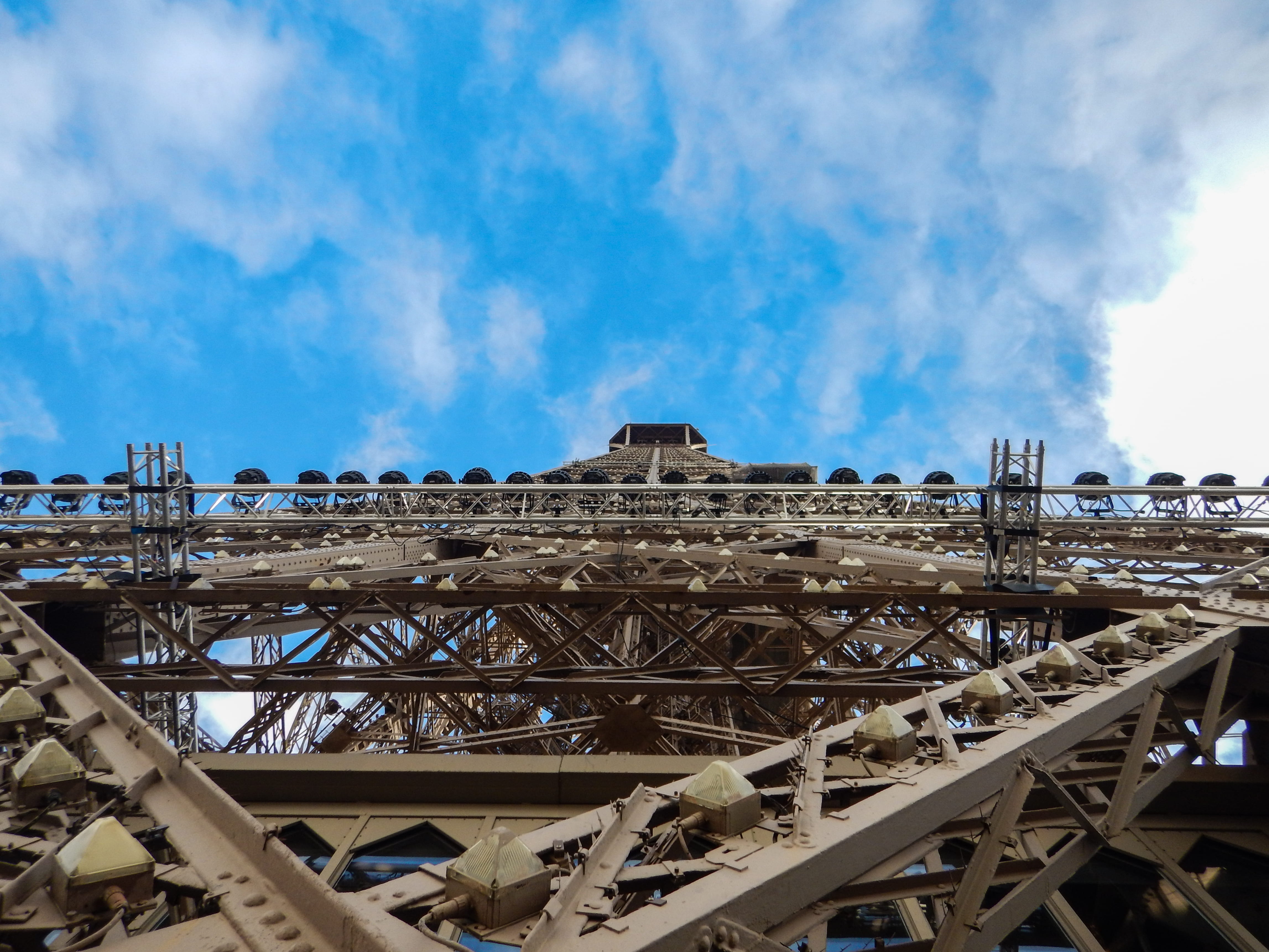construction, tower, eifel, from bottom, downbelow, blue, paris