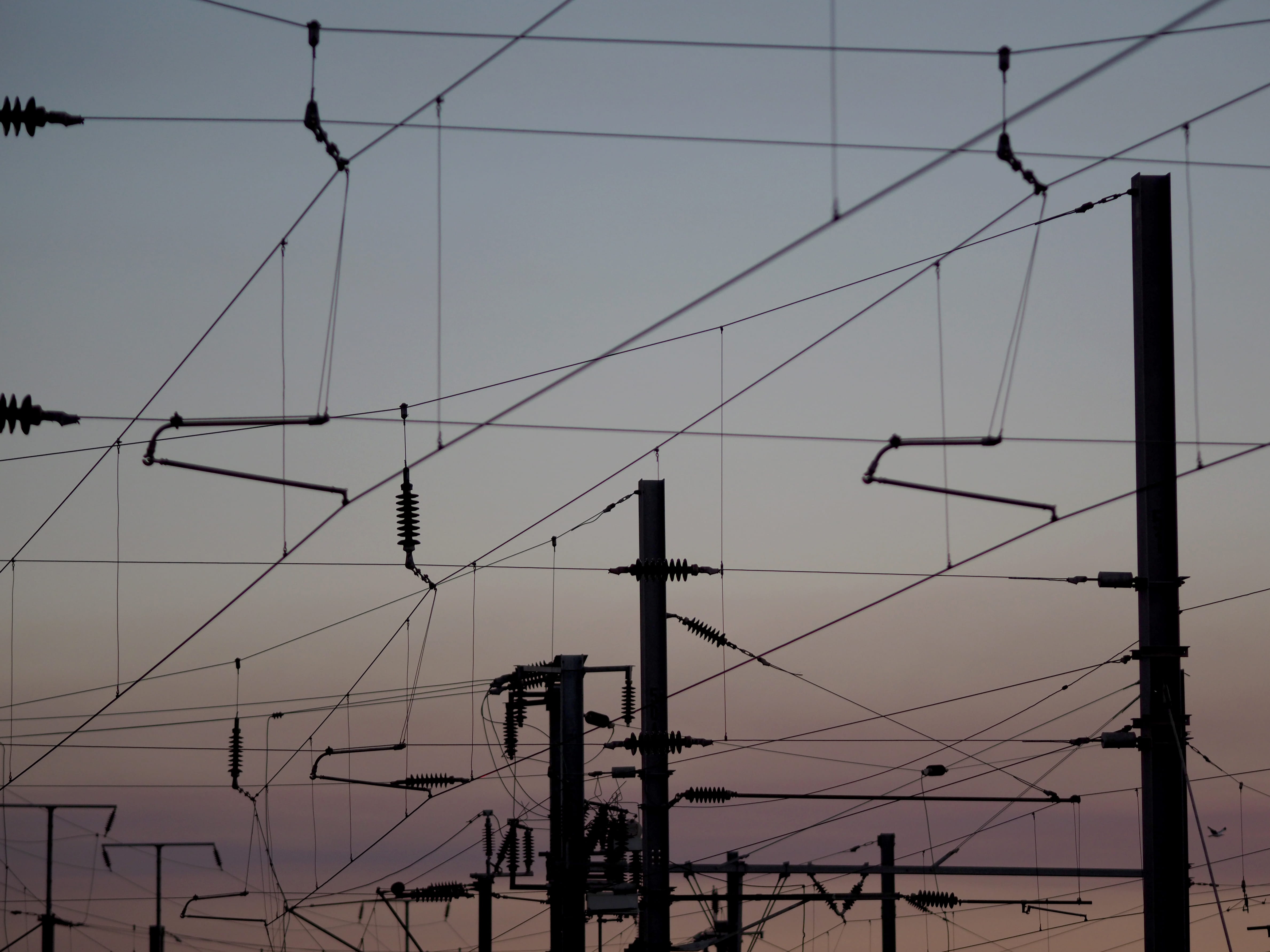cable posts under gray sky, electricity, connection, technology