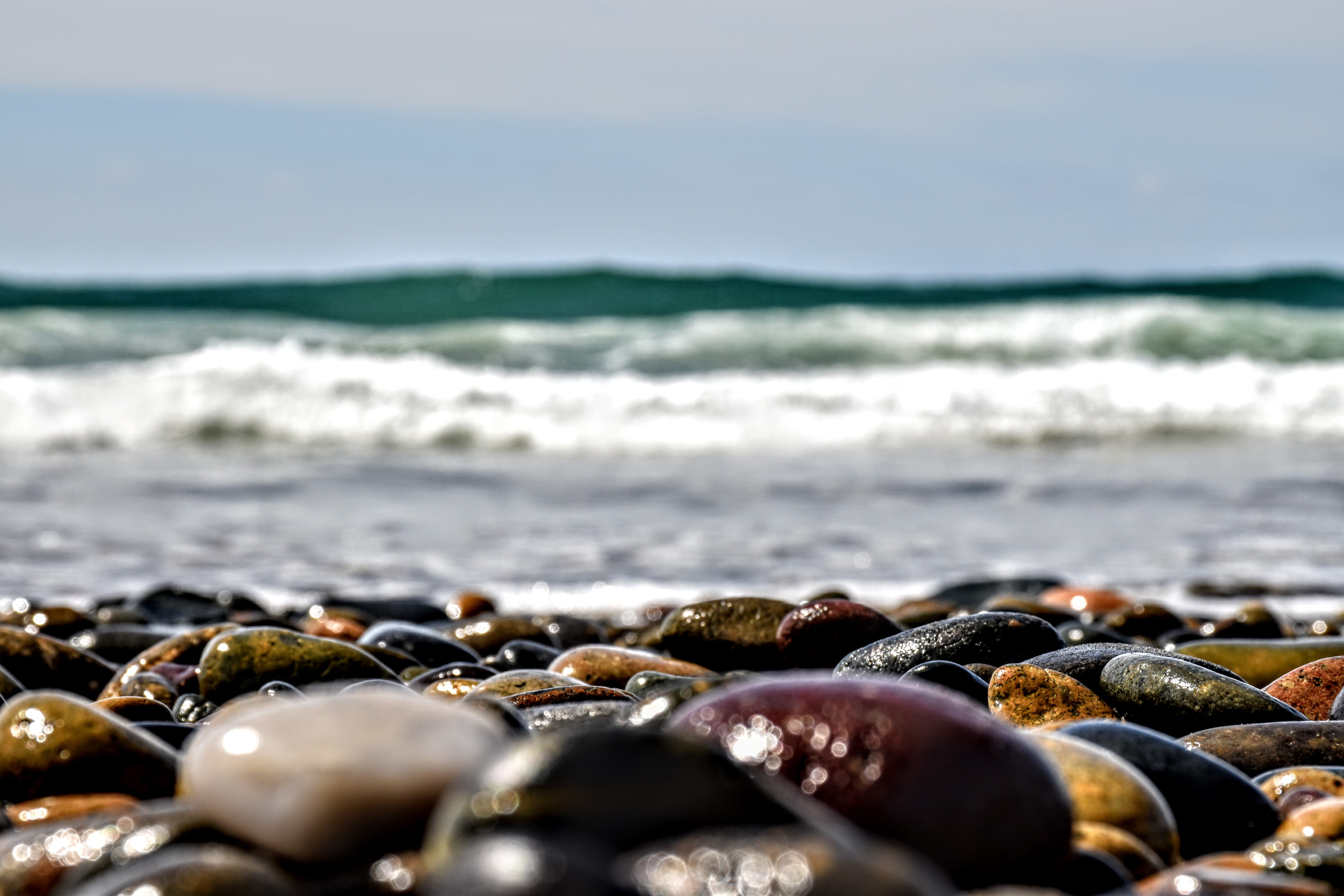 beach, rocks, focus, low angle, waves, ocean, sea, water, nature