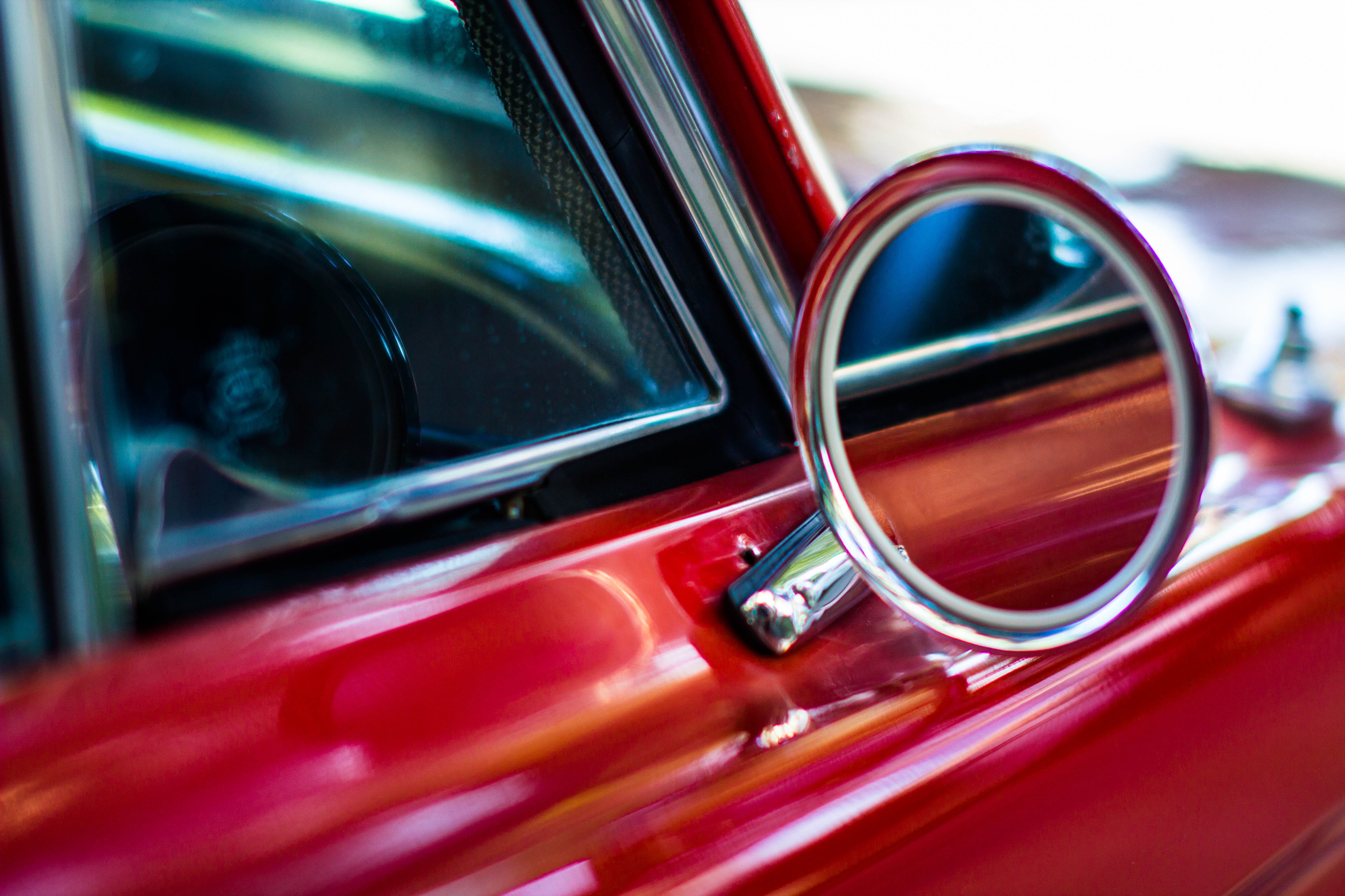 car, macrophotography, red, closeup, mirror, window, classic