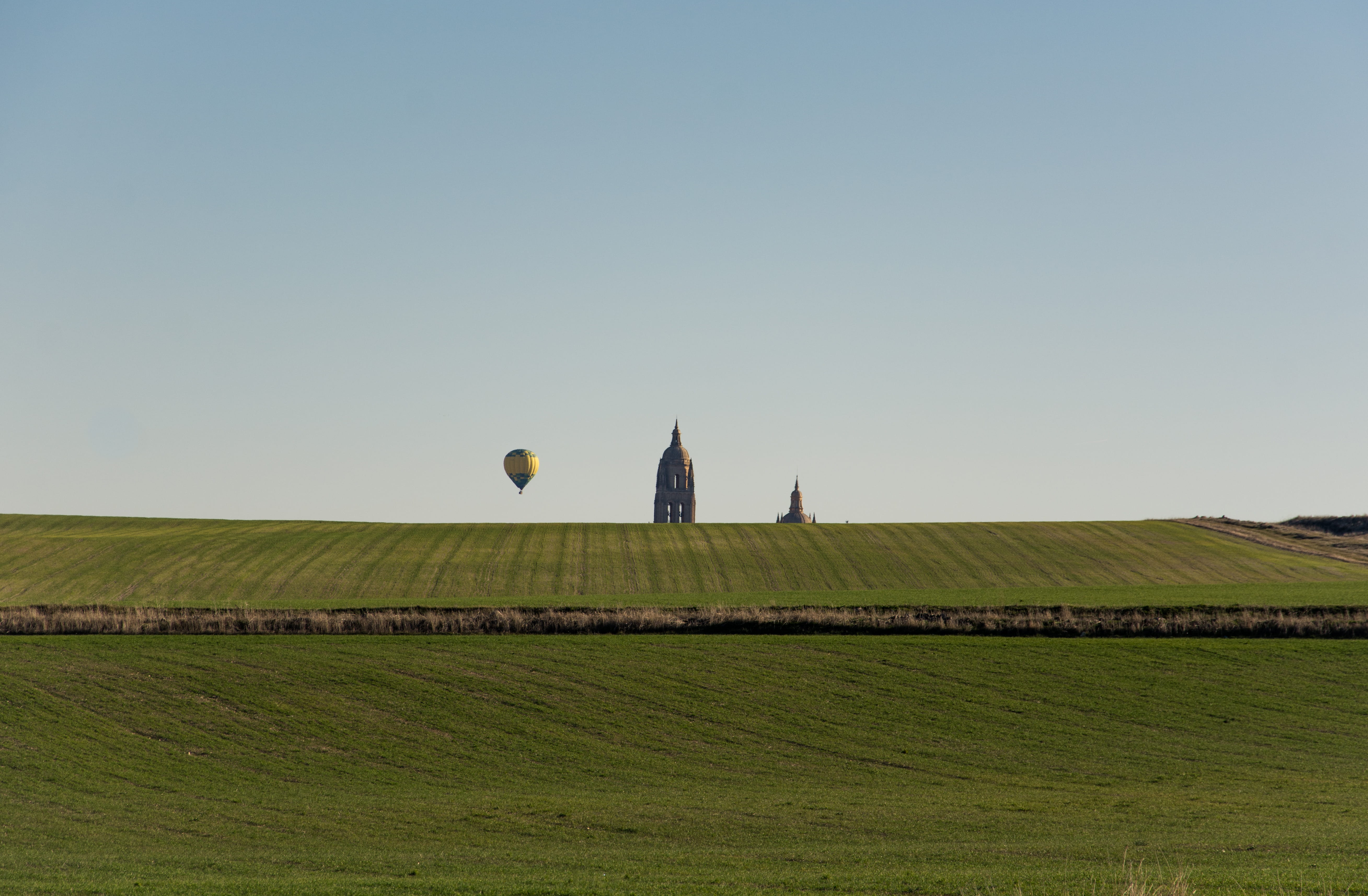 fields, cathedral, landscape, surreal, green, spain, sky, copy space