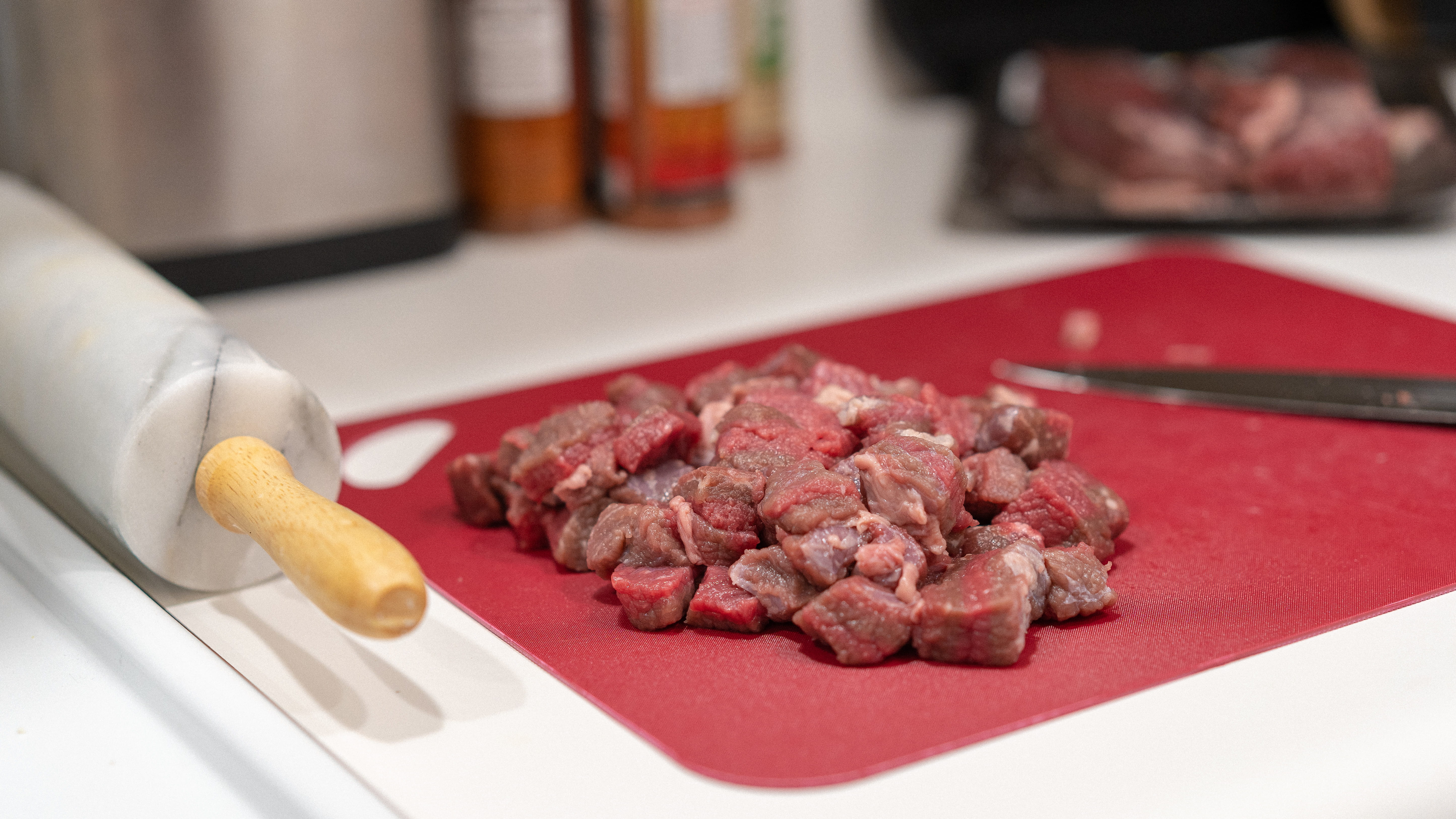 sliced raw meat on chopping board, food, plant, steak, meat loaf
