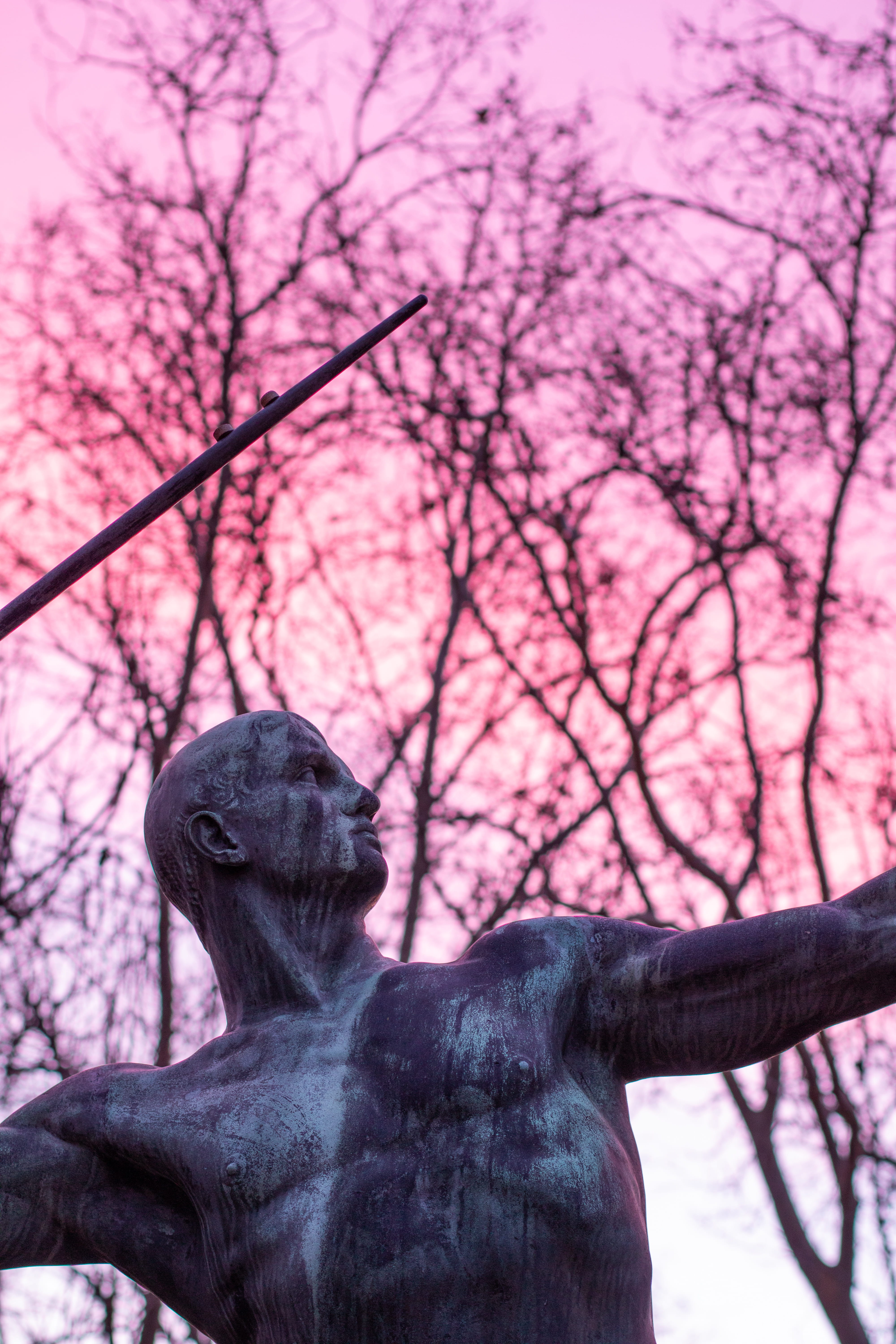 sculpture, sunrise, pink, sky, morning, greek, god, berlin