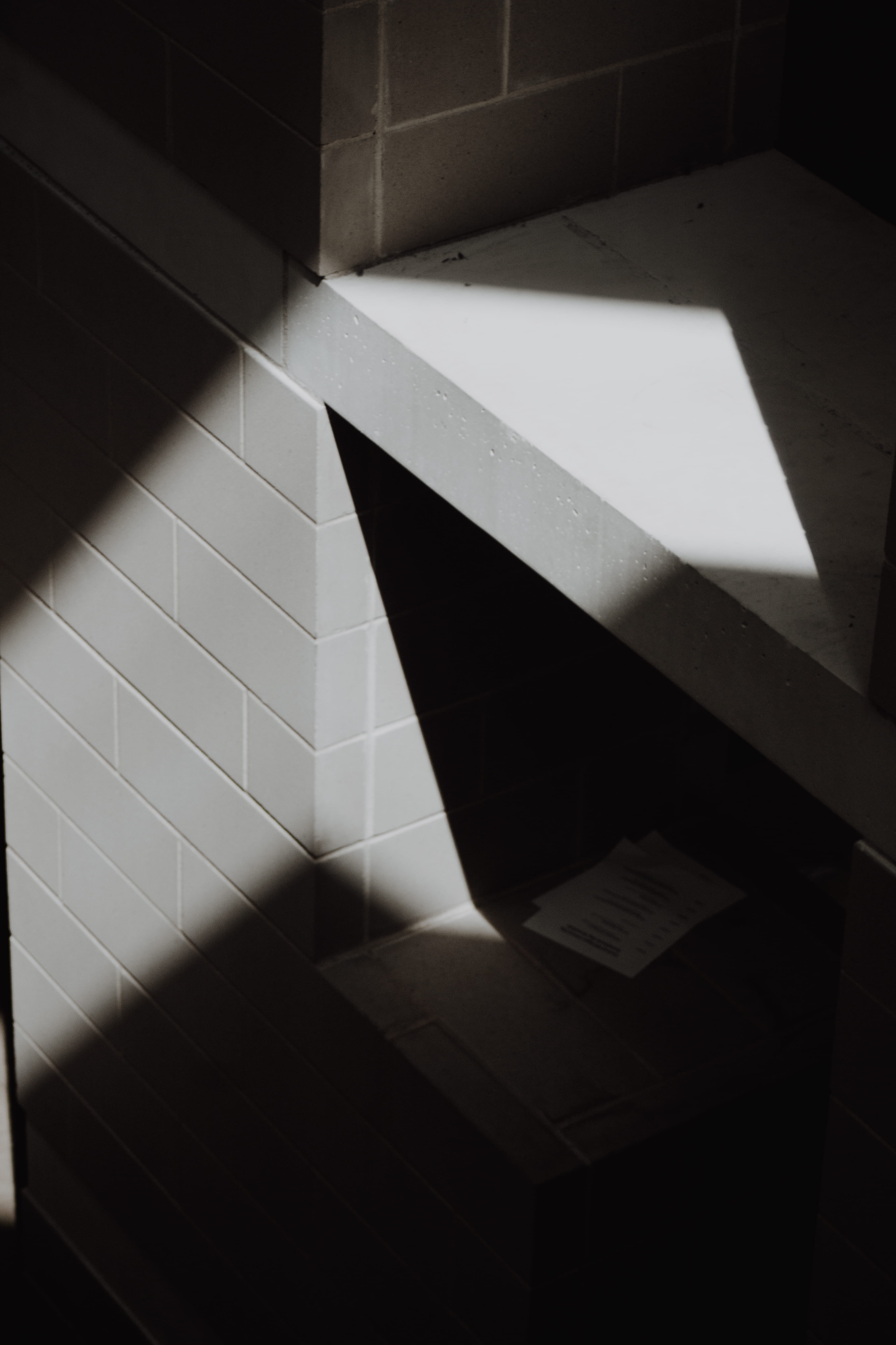 white shelf, shadow, sunlight, indoors, pattern, tile, no people