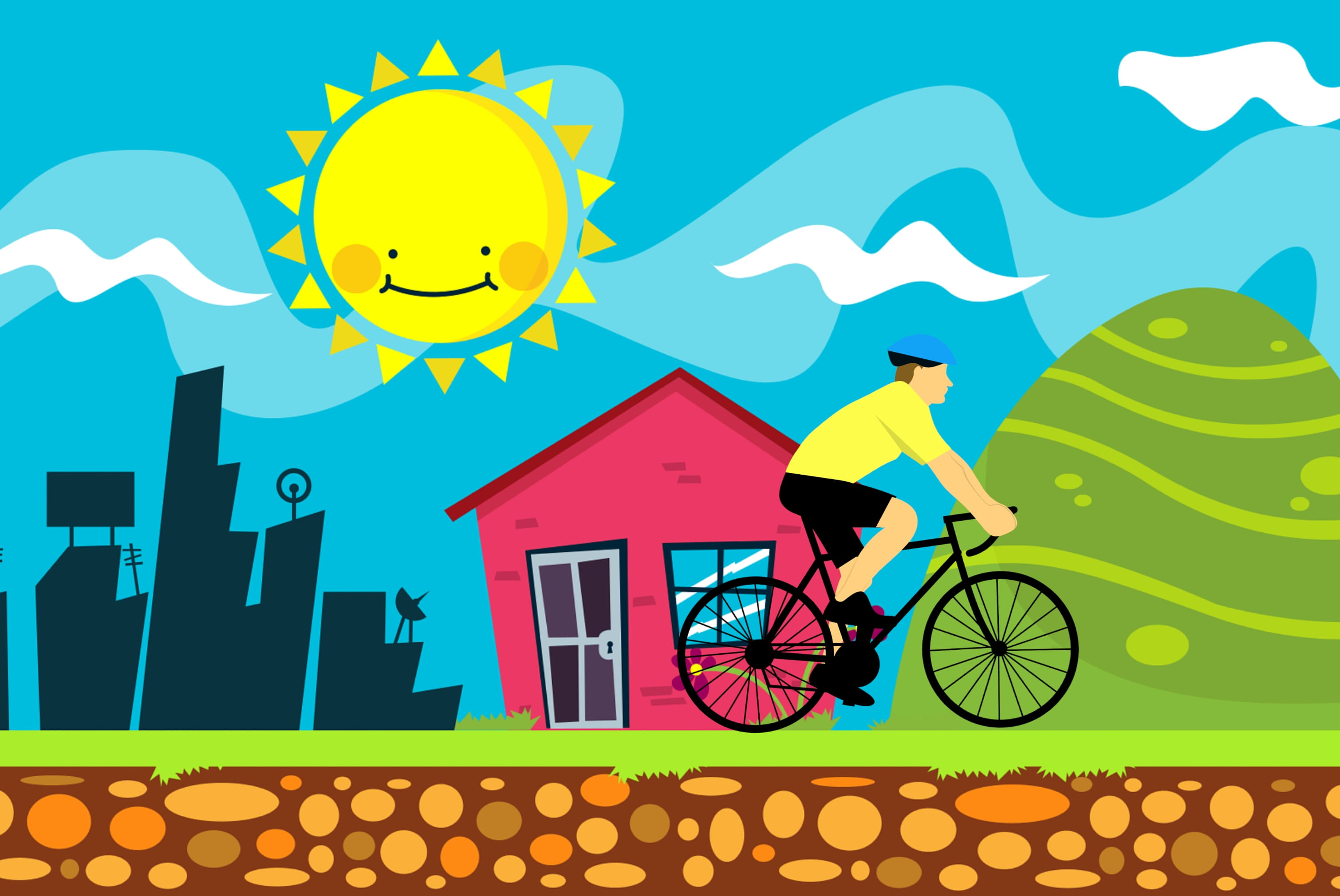Illustrated scene of rider on bike, rolling past houses and city and a landscape.